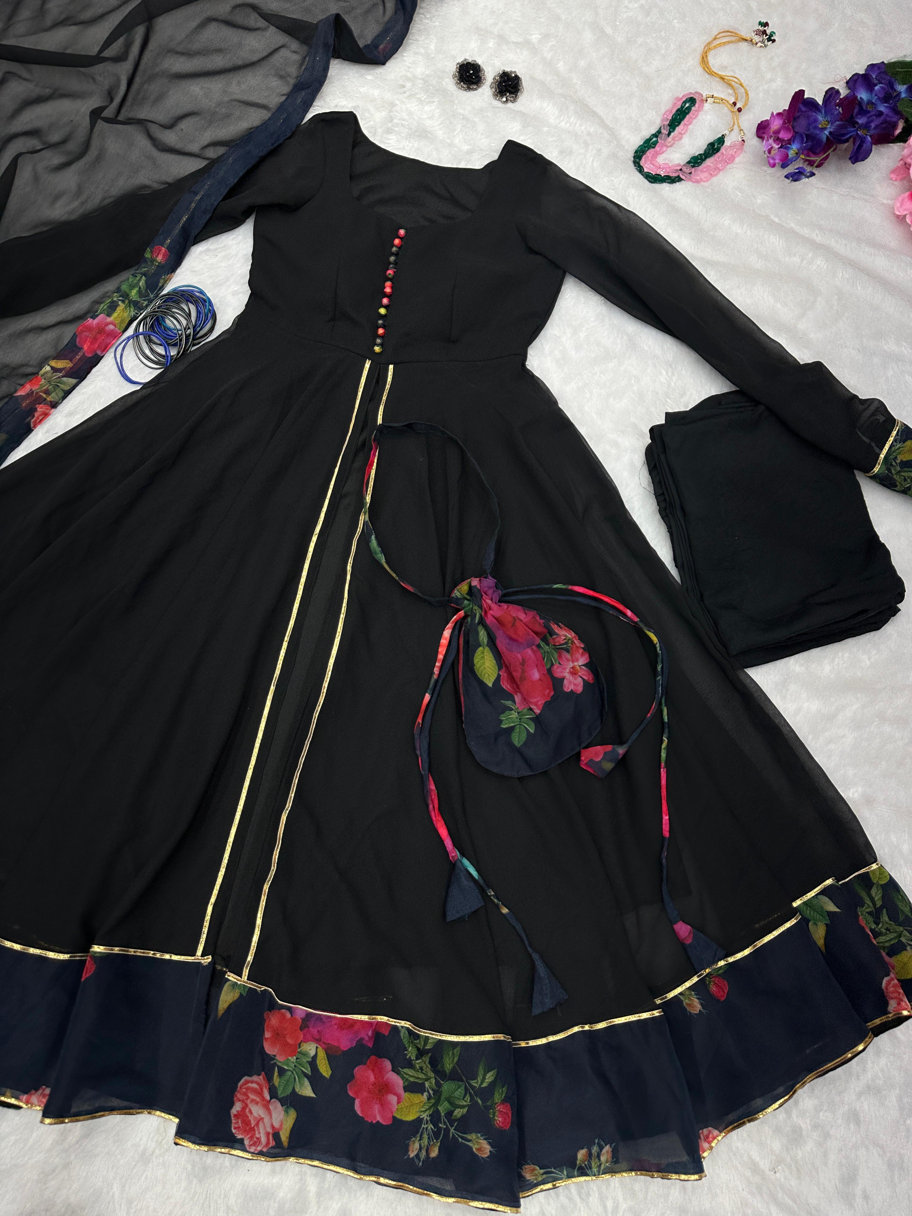 Gorgeous Black Color Anarkali Suit With Batwa Bag