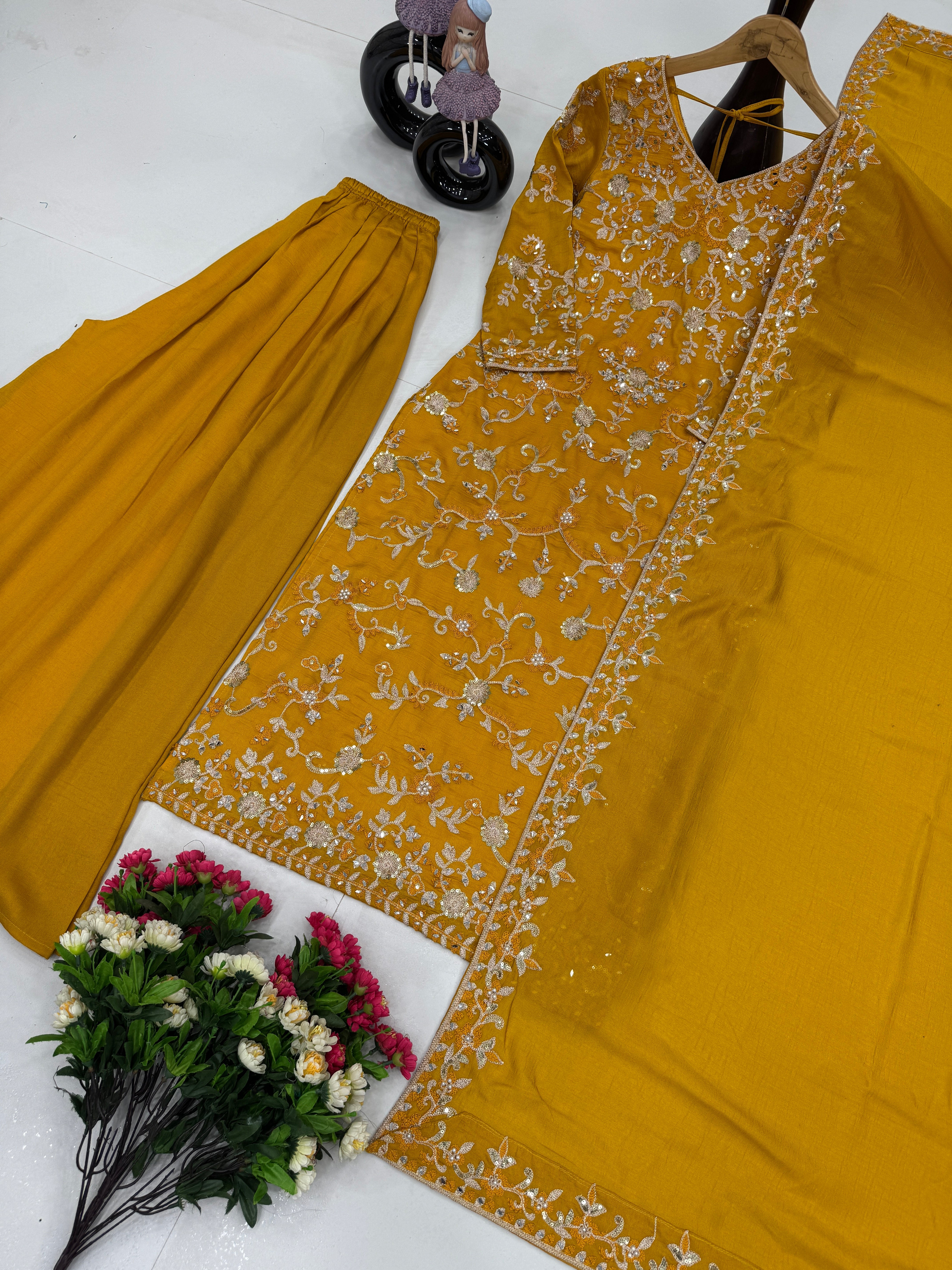 Delightful Embroidery sequence Work Yellow Color Sharara Suit