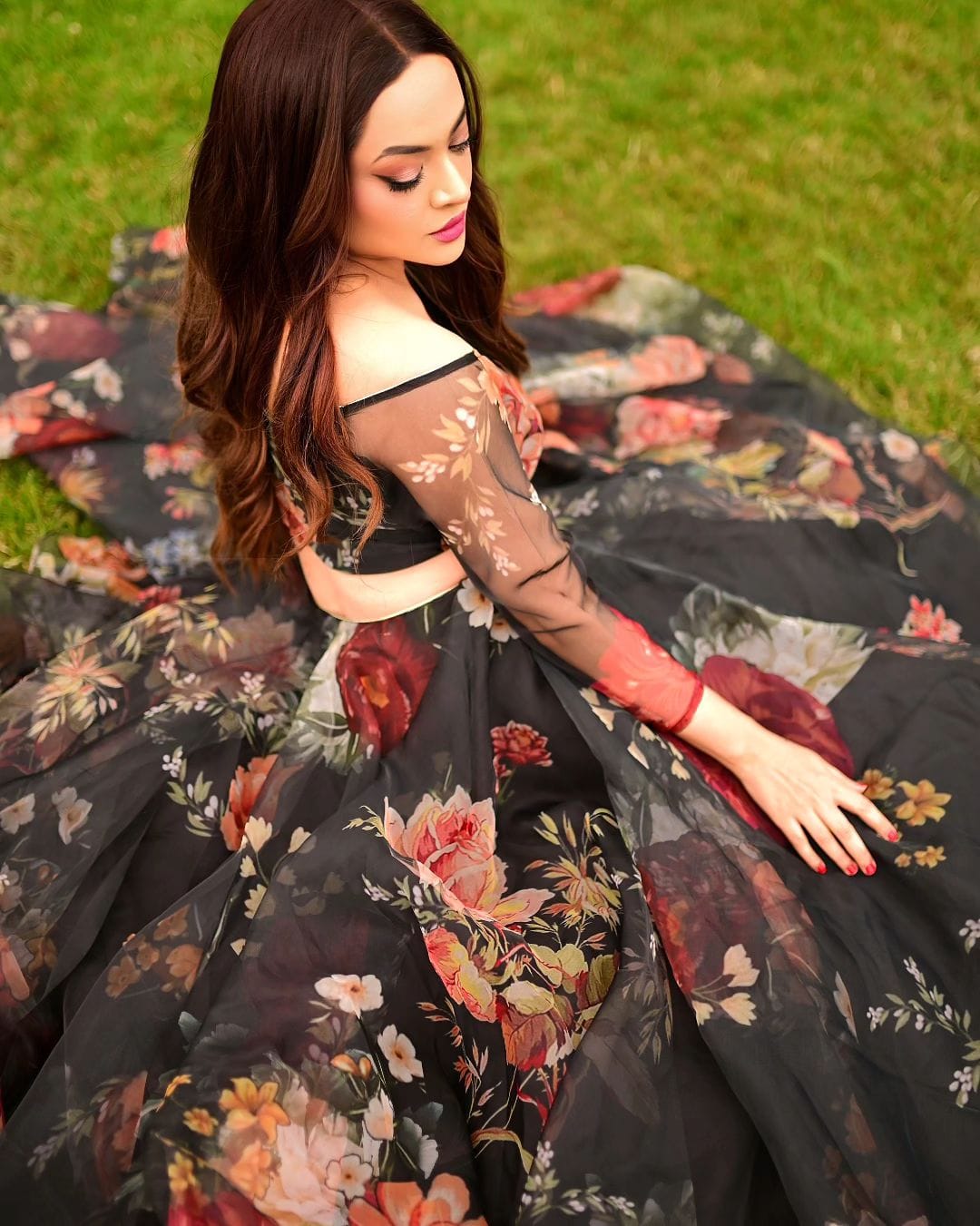 Organza Black Color Multi Flower Print Lehenga Choli