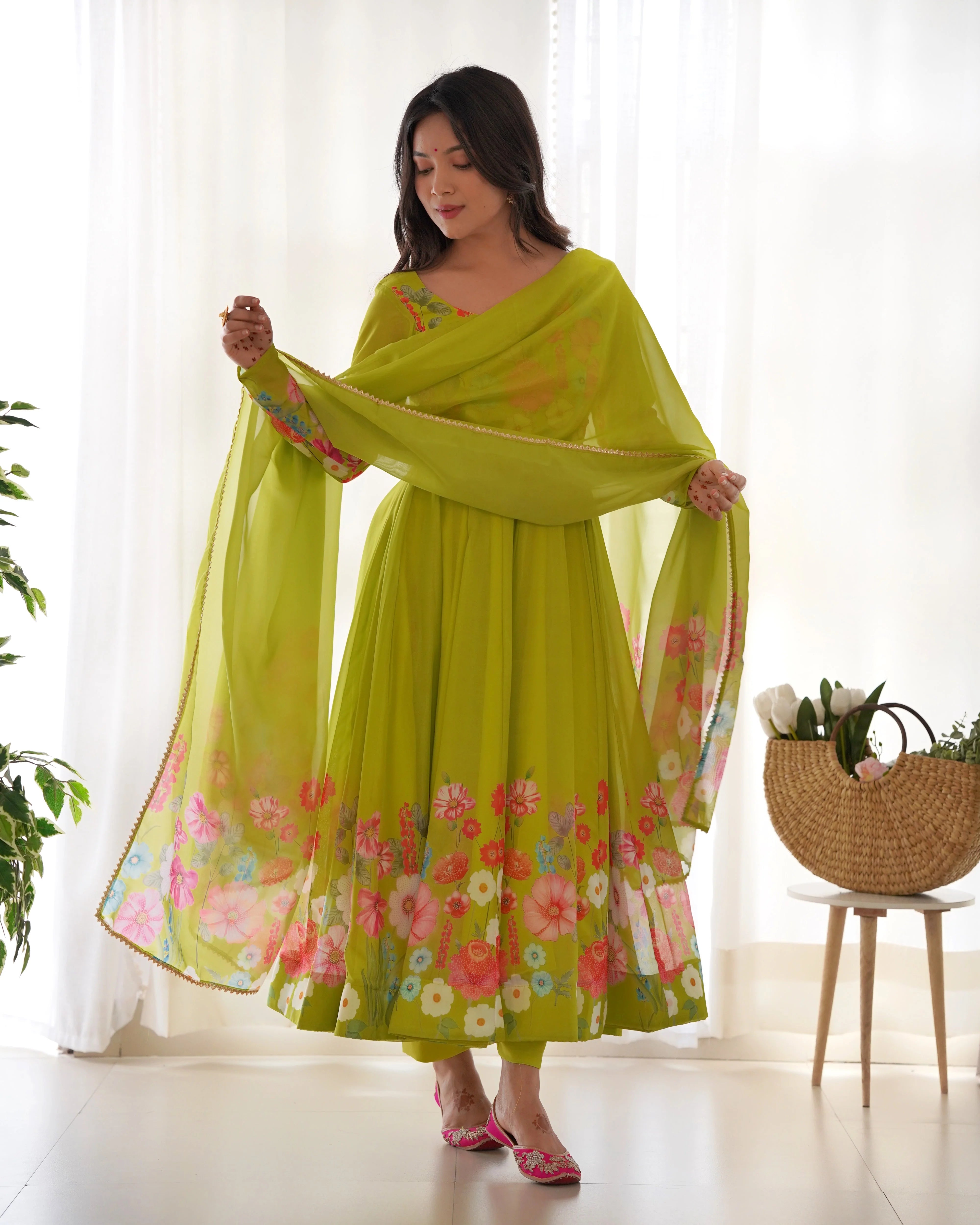 Multi Flower Print Parrot Green Color Anarkali Suit