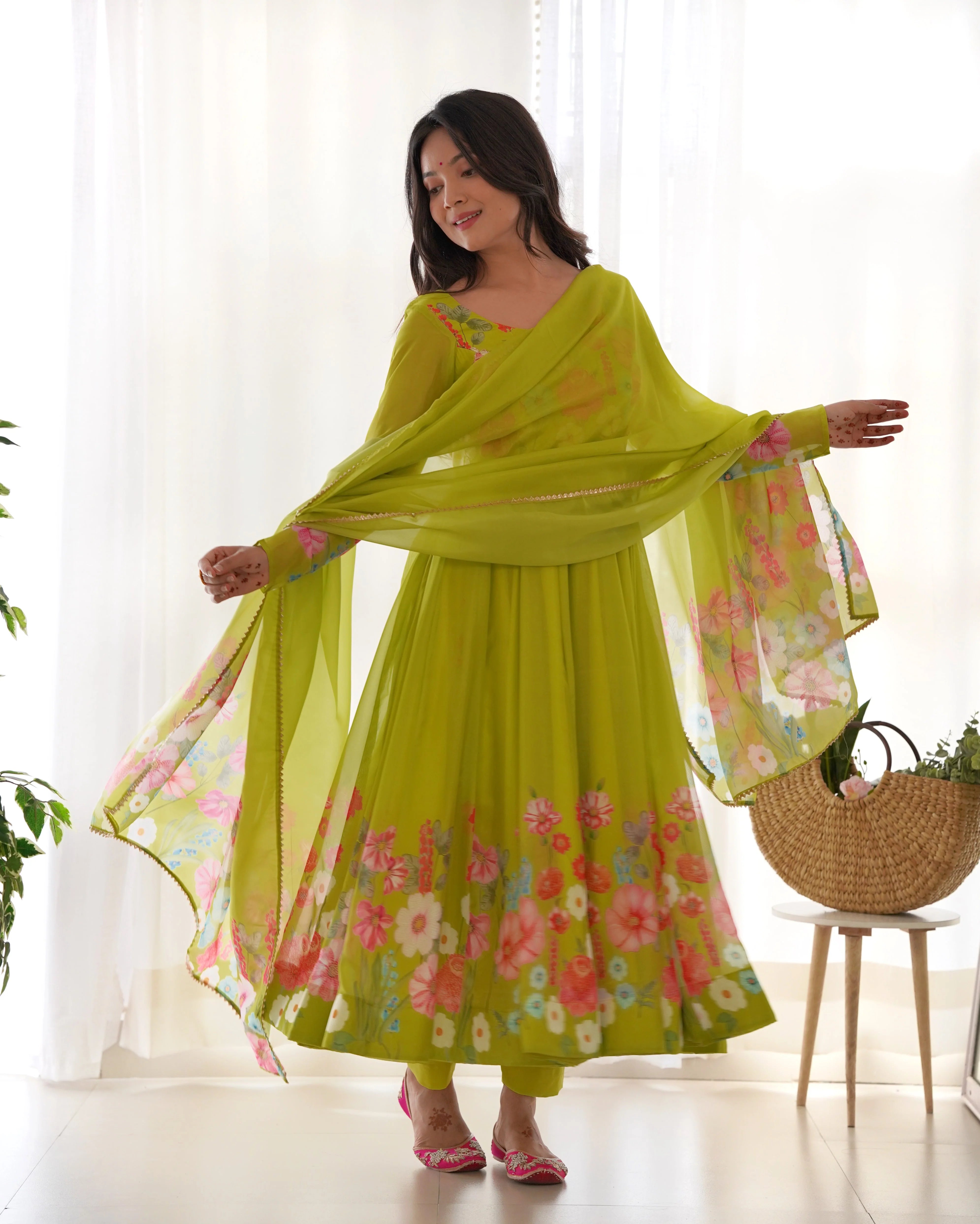 Multi Flower Print Parrot Green Color Anarkali Suit