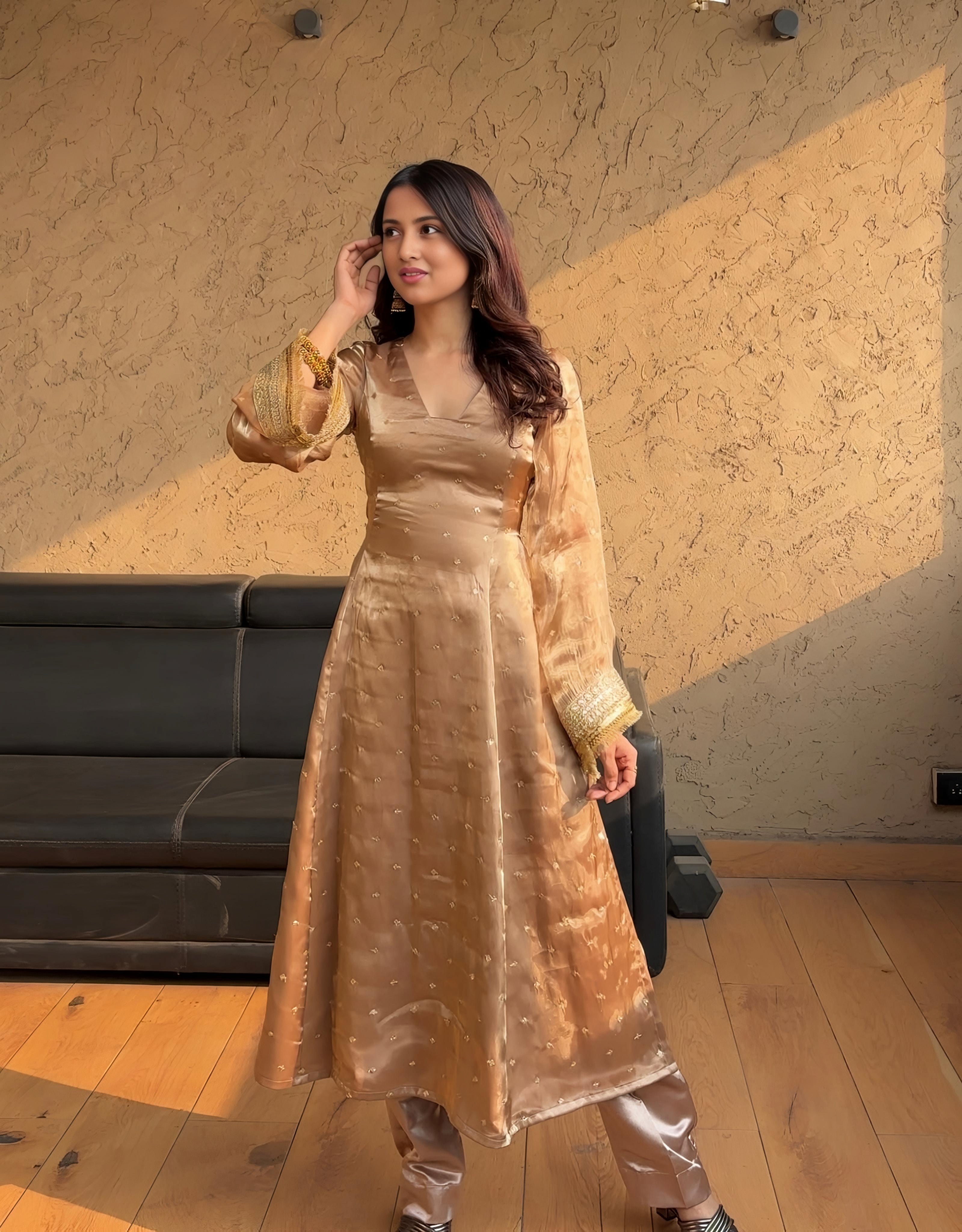 Glossy Embroidered Work Chiku Color Salwar Suit With Green Dupatta
