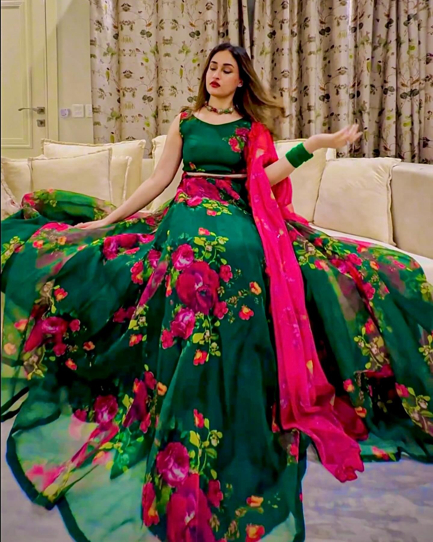 Rose Print Green Color Lehenga Choli