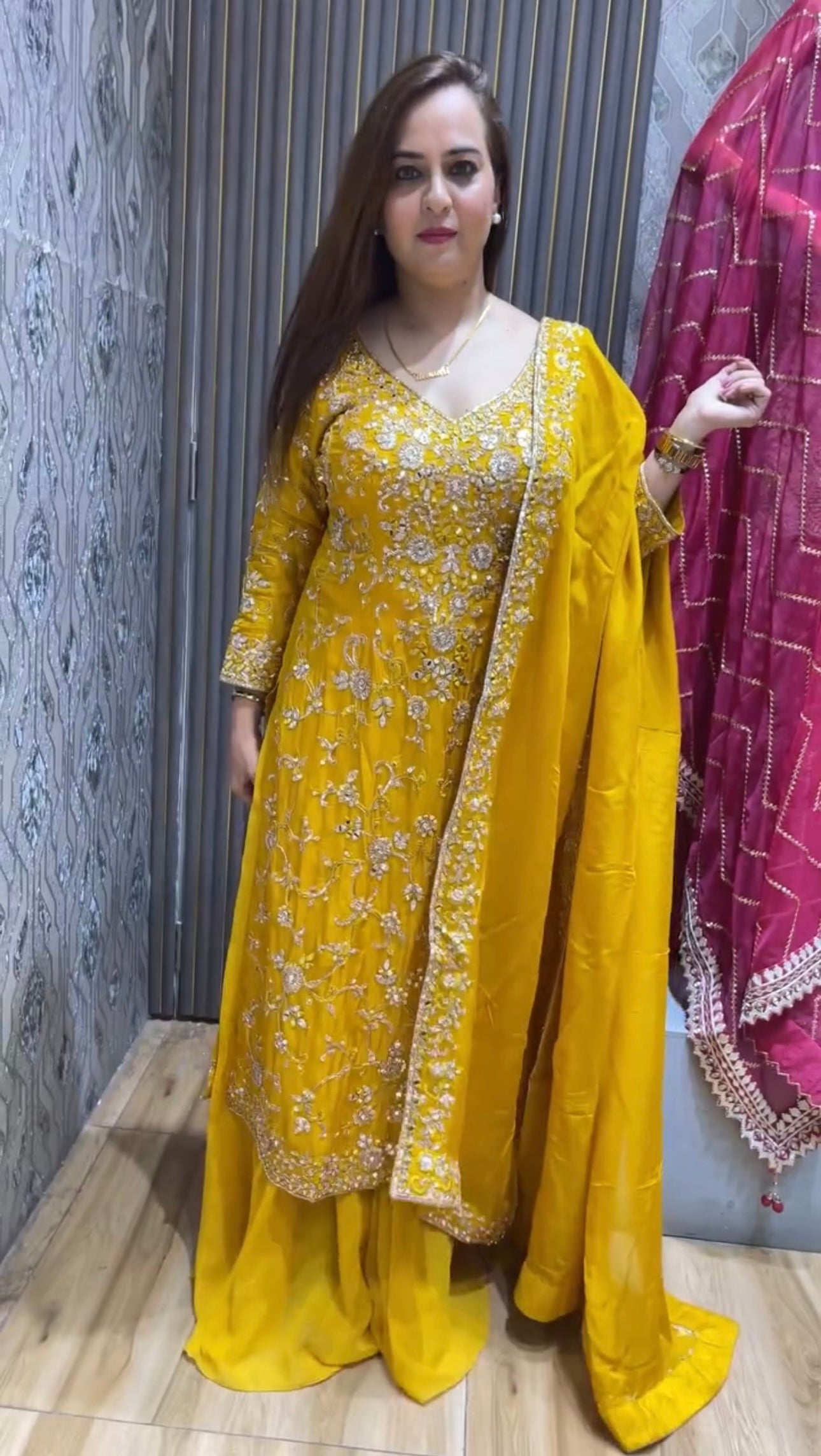 Delightful Embroidery sequence Work Yellow Color Sharara Suit