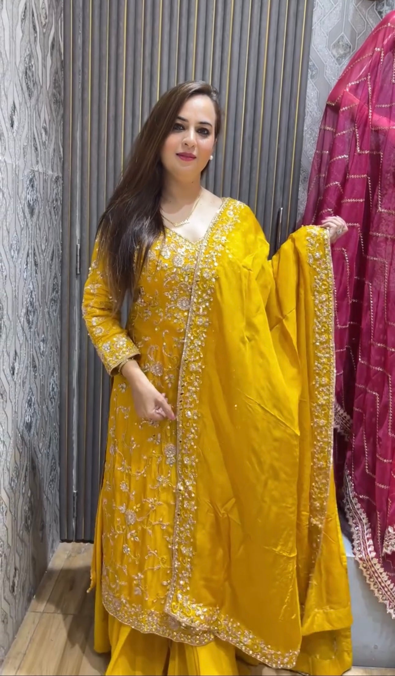 Delightful Embroidery sequence Work Yellow Color Sharara Suit