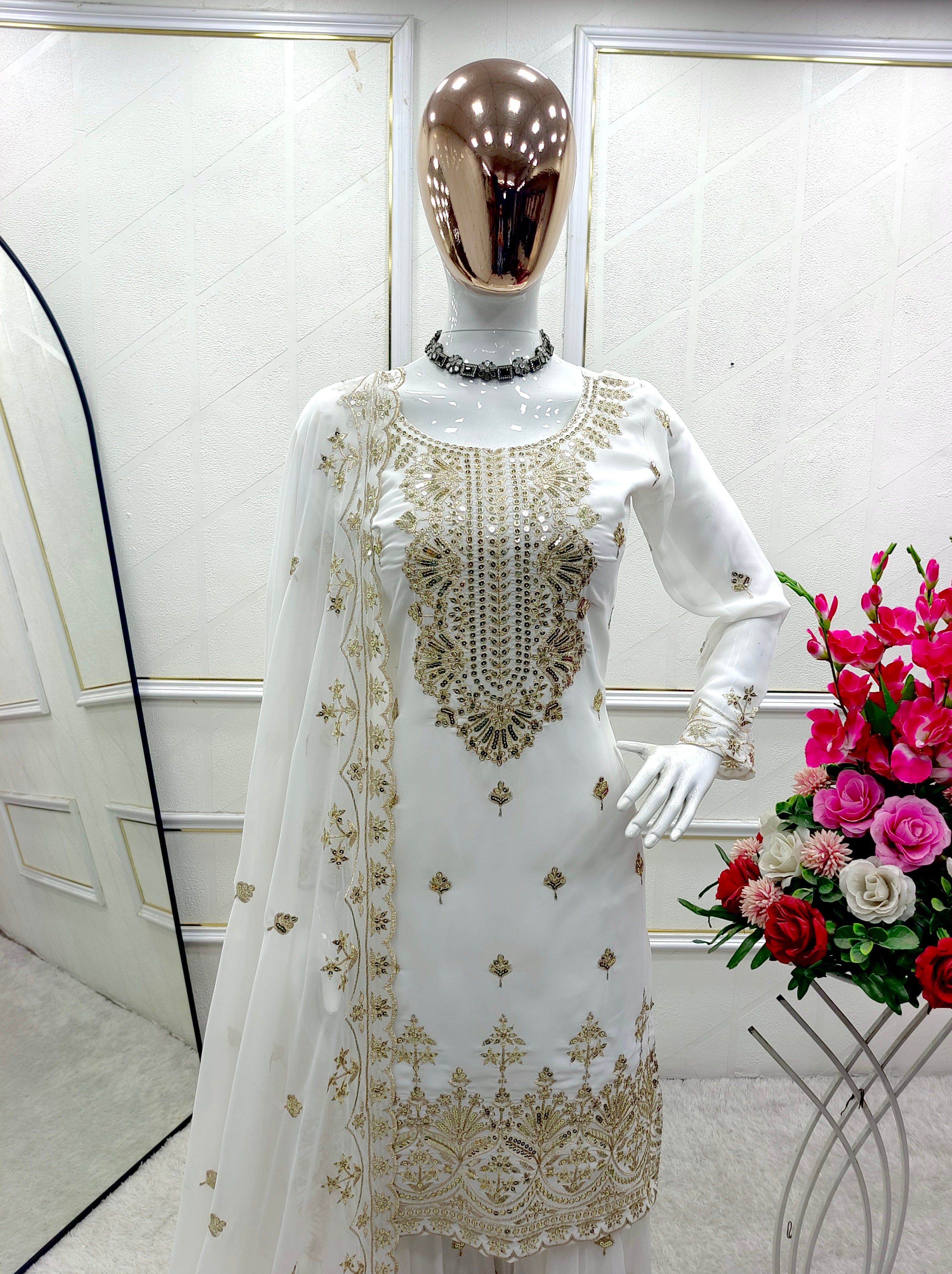 Fabulous Georgette White Color Sharara Suit