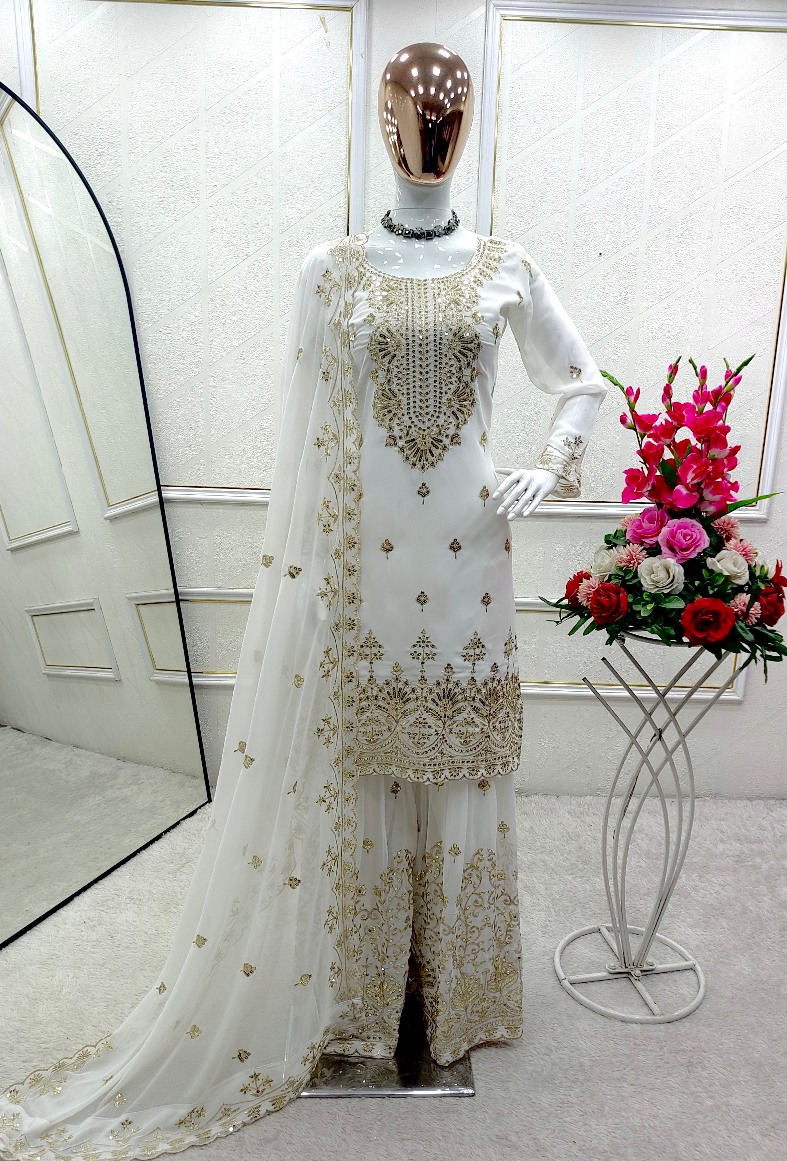 Fabulous Georgette White Color Sharara Suit