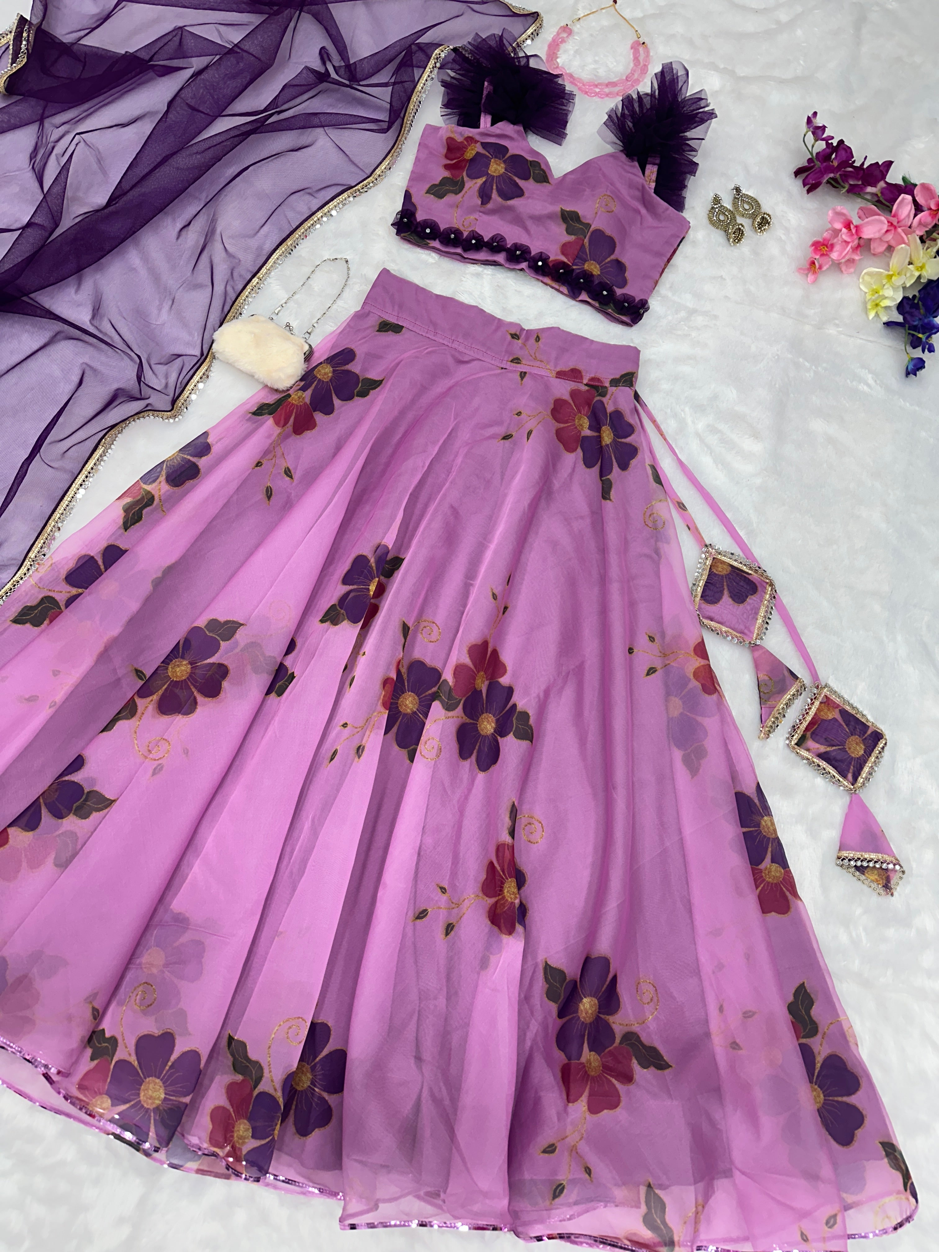 Glorious Purple Color Digital Print Organza Lehenga Choli