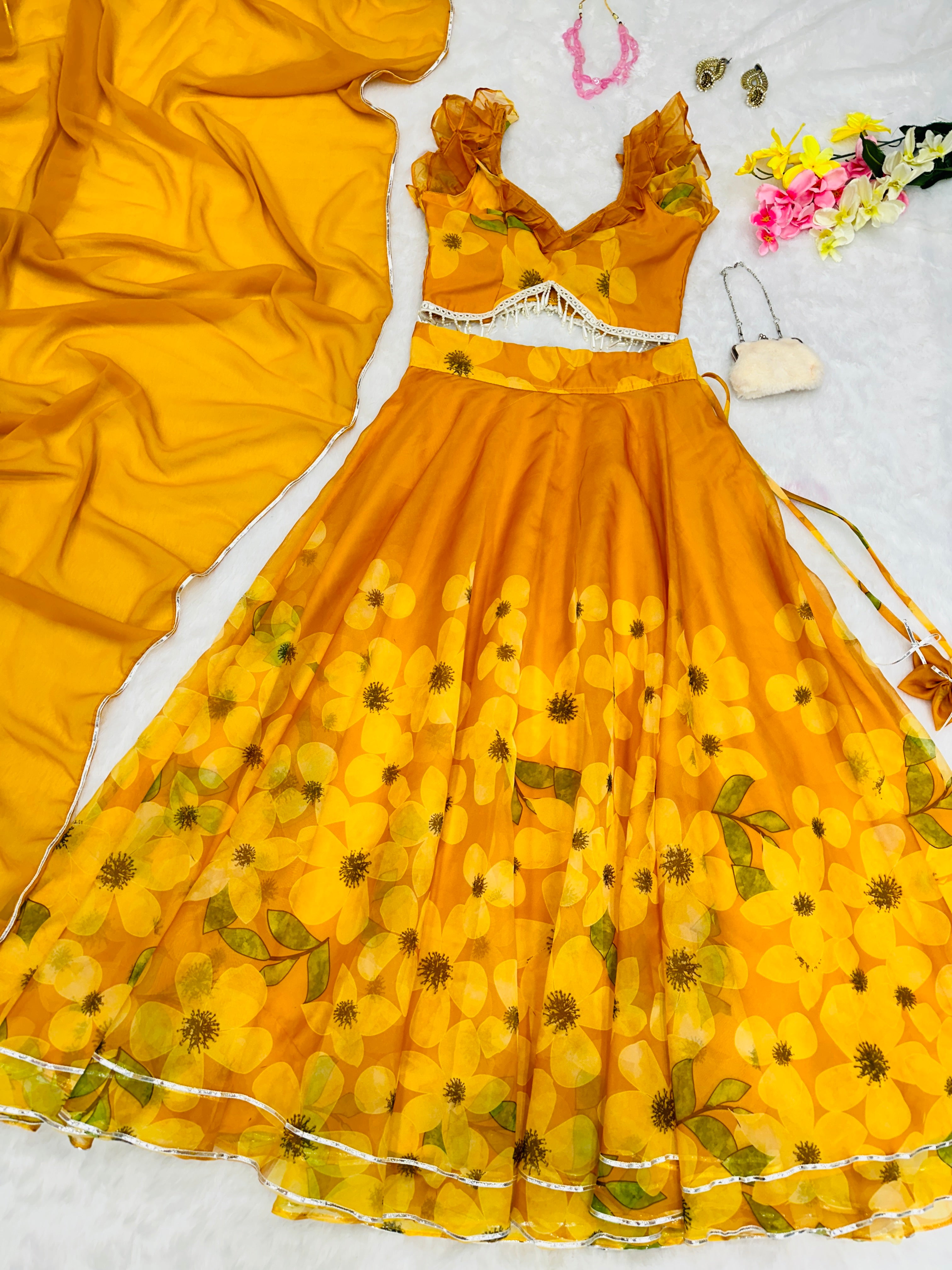 Hadi Wear Yellow Color Organza Silk Digital Printed Lehenga Choli