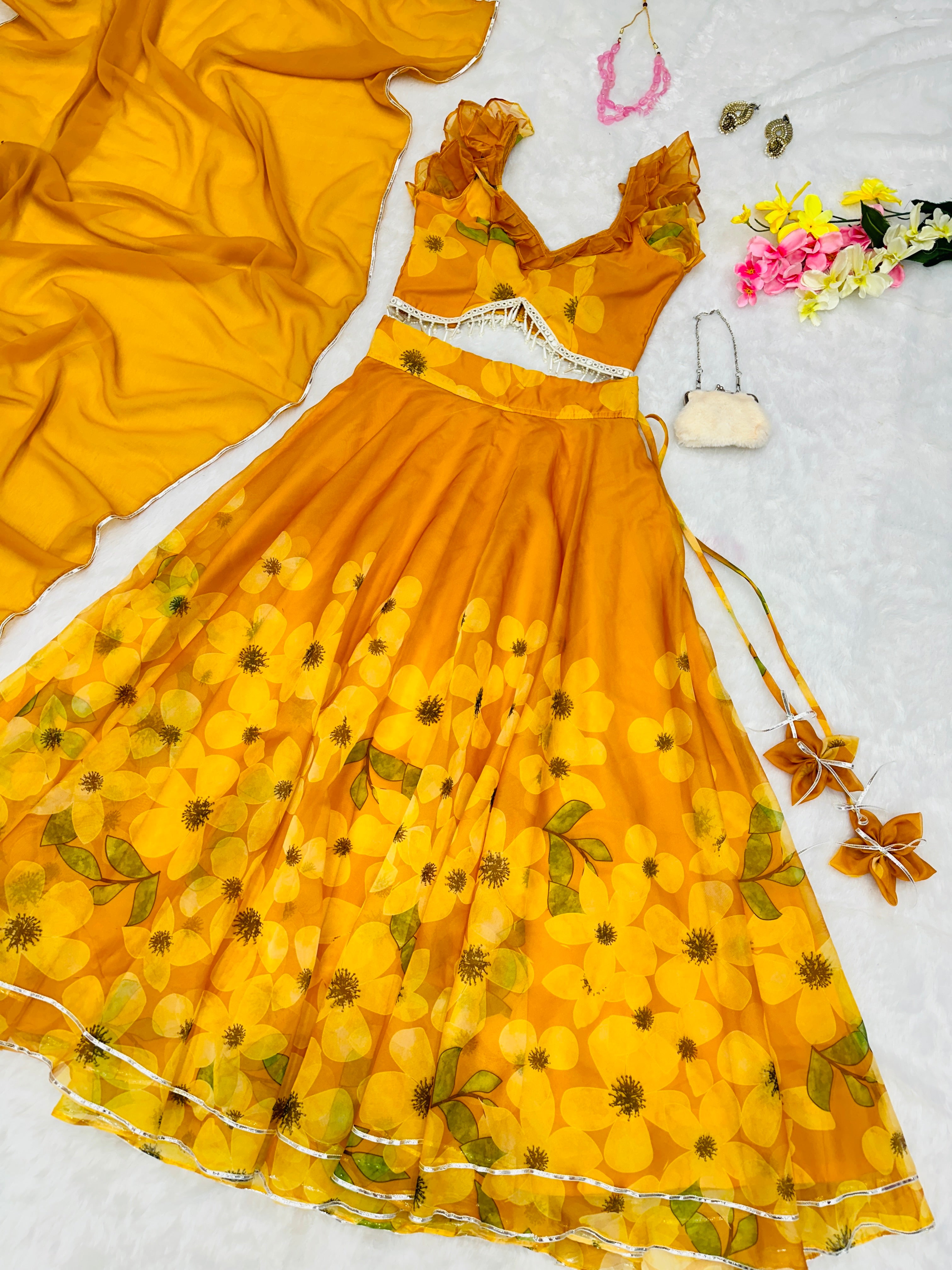 Hadi Wear Yellow Color Organza Silk Digital Printed Lehenga Choli