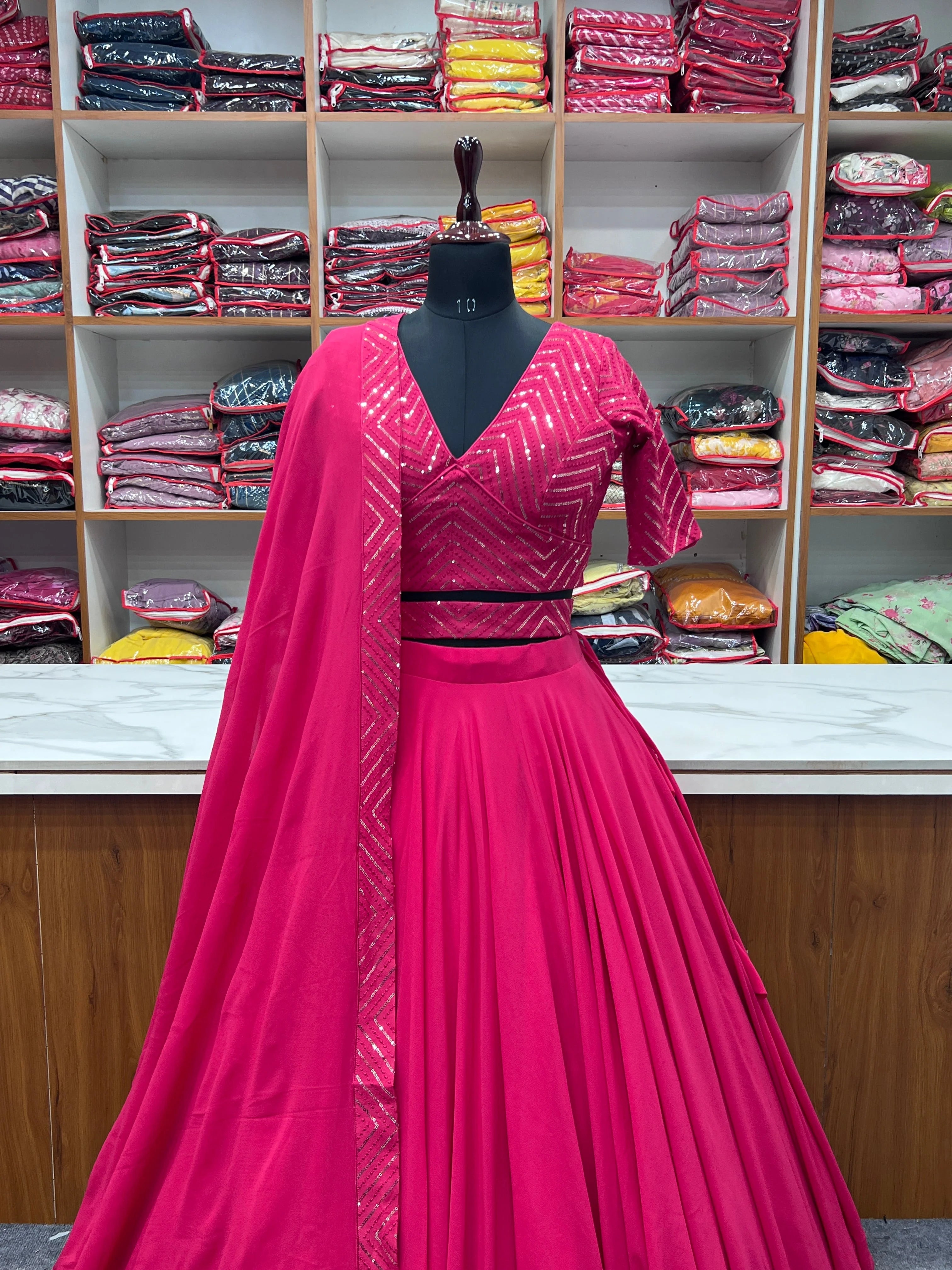 Plain Pink Lehenga With Sequence Work Blouse