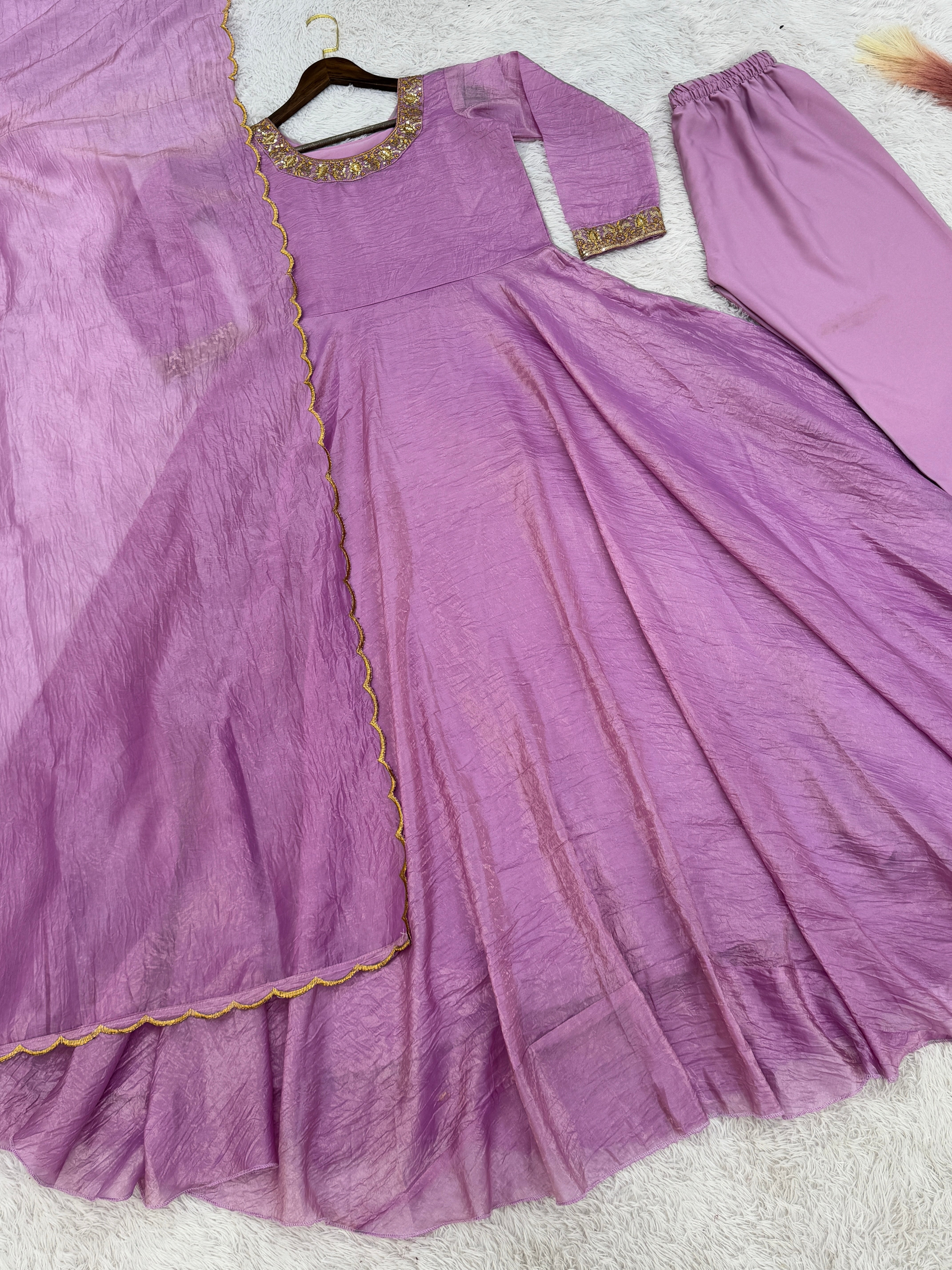 Delightful Embroidery Lavender Color Anarkali Gown with Dupatta