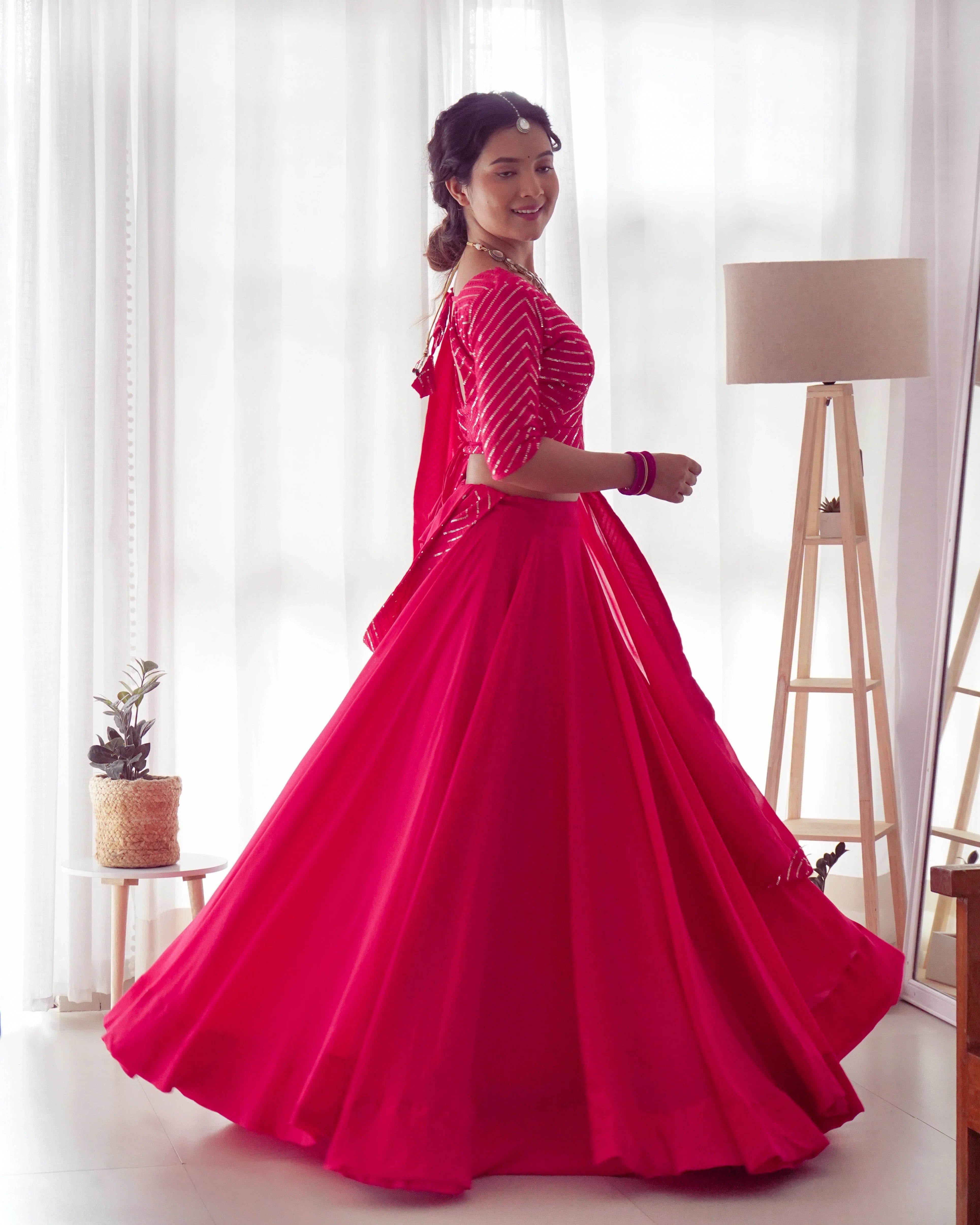 Plain Pink Lehenga With Sequence Work Blouse