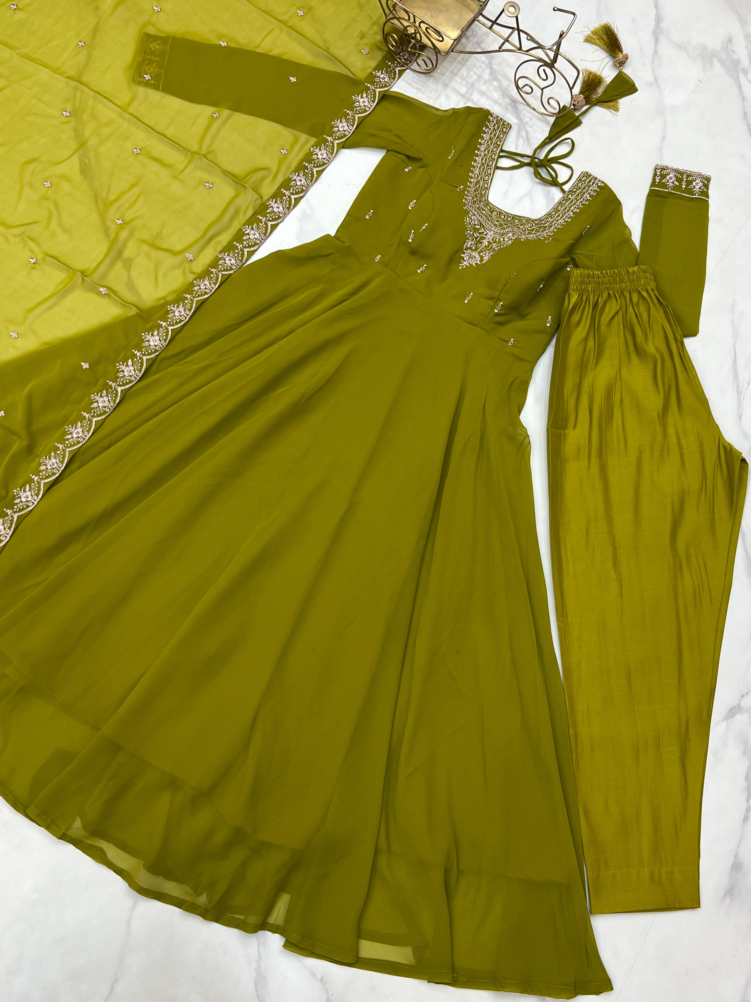 Adorable Mehndi Color Anarkali Gown