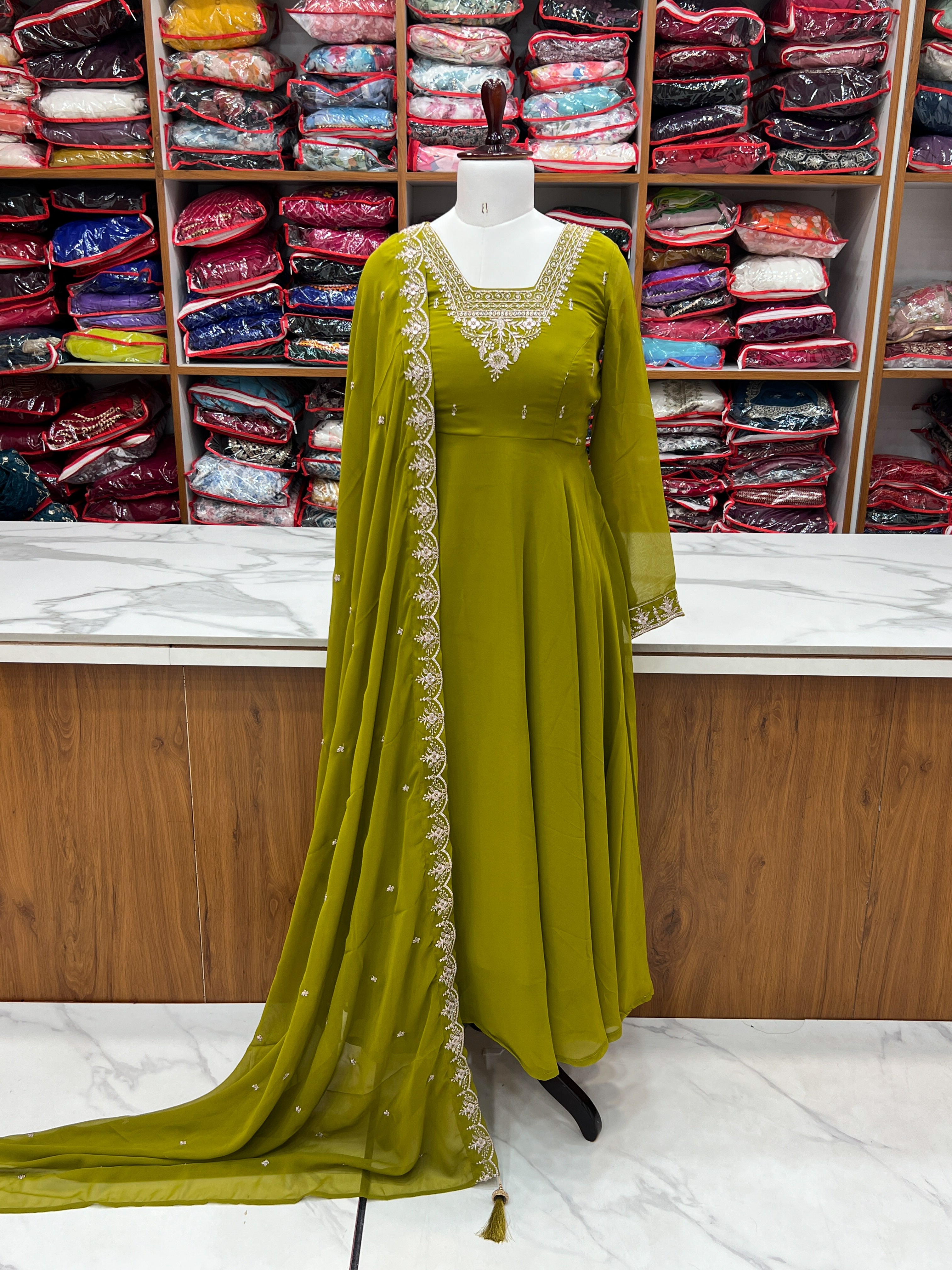 Adorable Mehndi Color Anarkali Gown