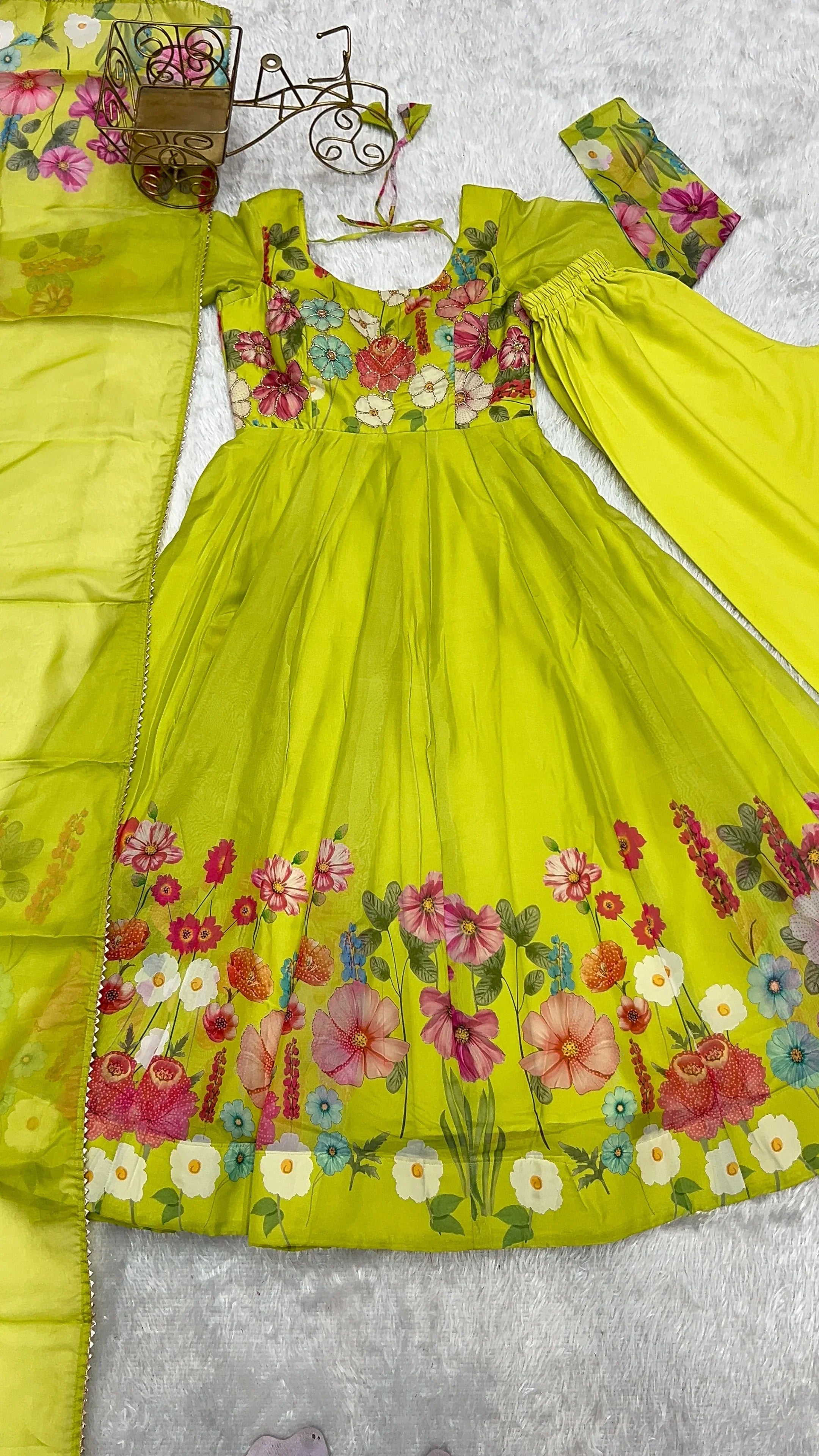 Multi Flower Print Parrot Green Color Anarkali Suit vastracloth Multi Flower Print Parrot Green Color Anarkali Suit vastracloth