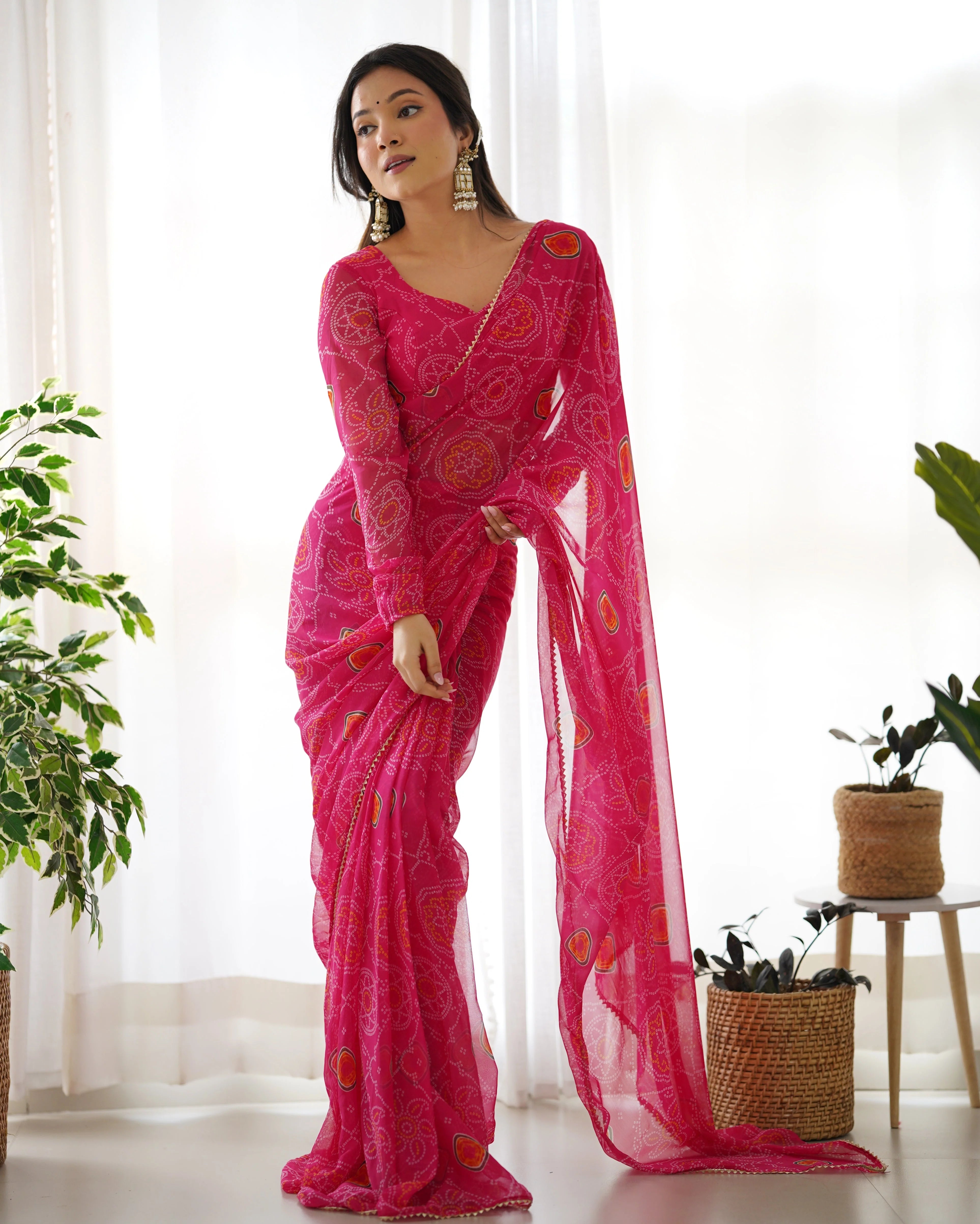 Bandhani Print Pink Ready To Wear Saree