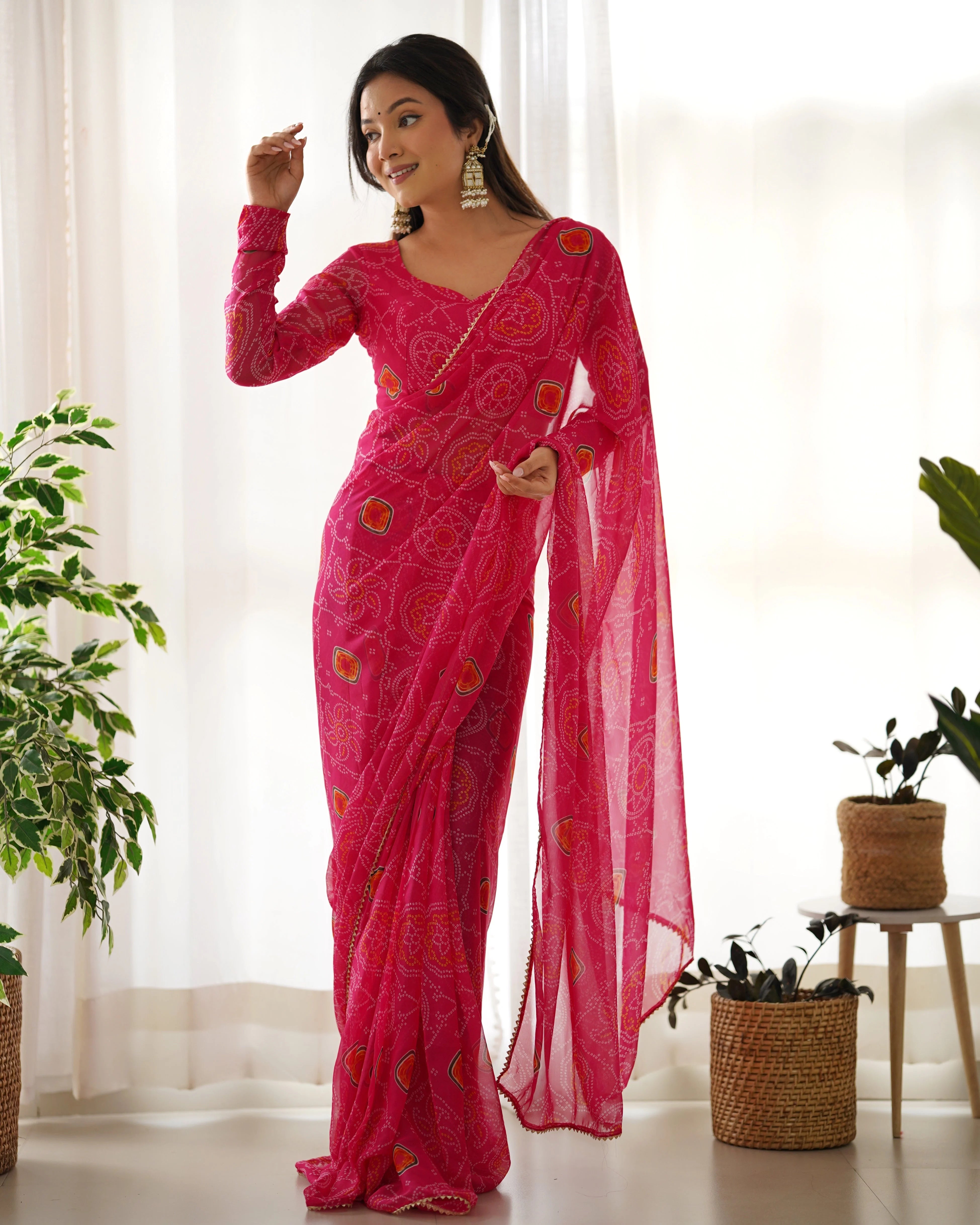 Bandhani Print Pink Ready To Wear Saree