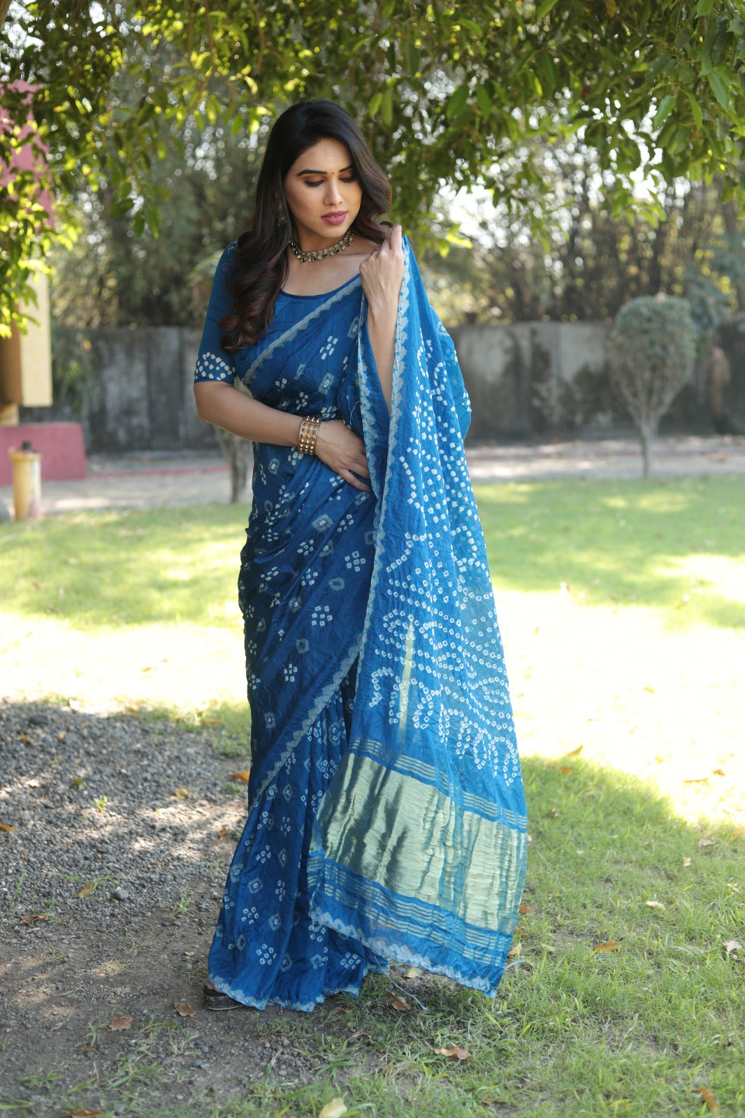 Tissue Pallu With Sky Blue Color Original Bandhani Saree