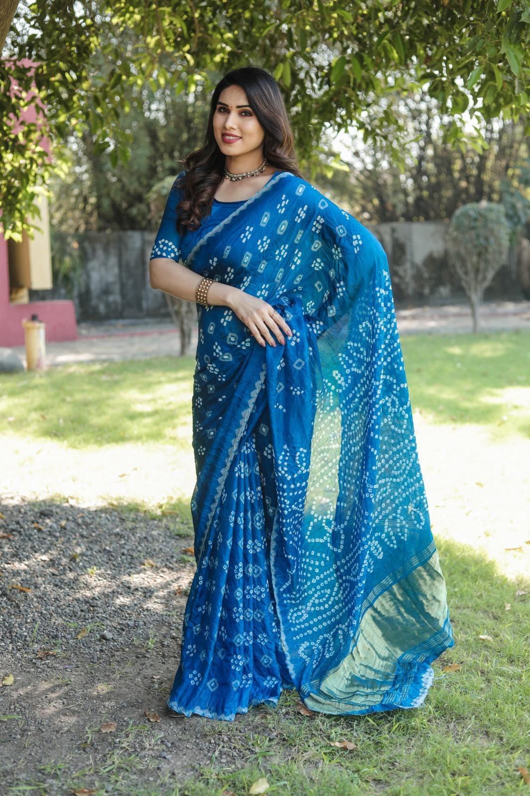 Tissue Pallu With Sky Blue Color Original Bandhani Saree