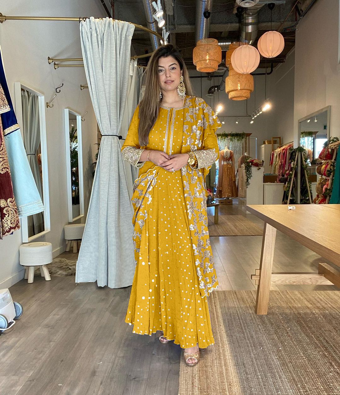 Trendy Yellow Color Sequence Embroidery Work Gown