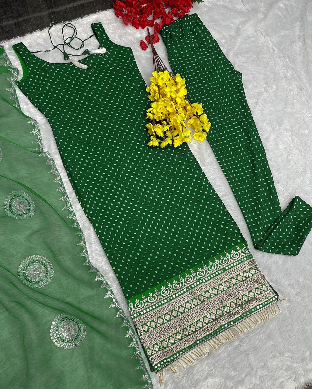 Bandhni Print Embroidery Work Green Color Salwar Suit