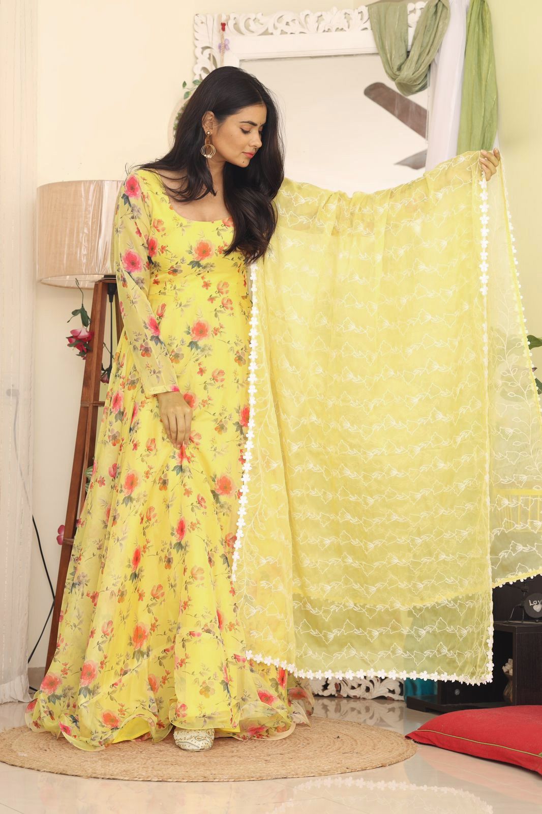 Exclusive Yellow Color Digital Printed Organza Gown