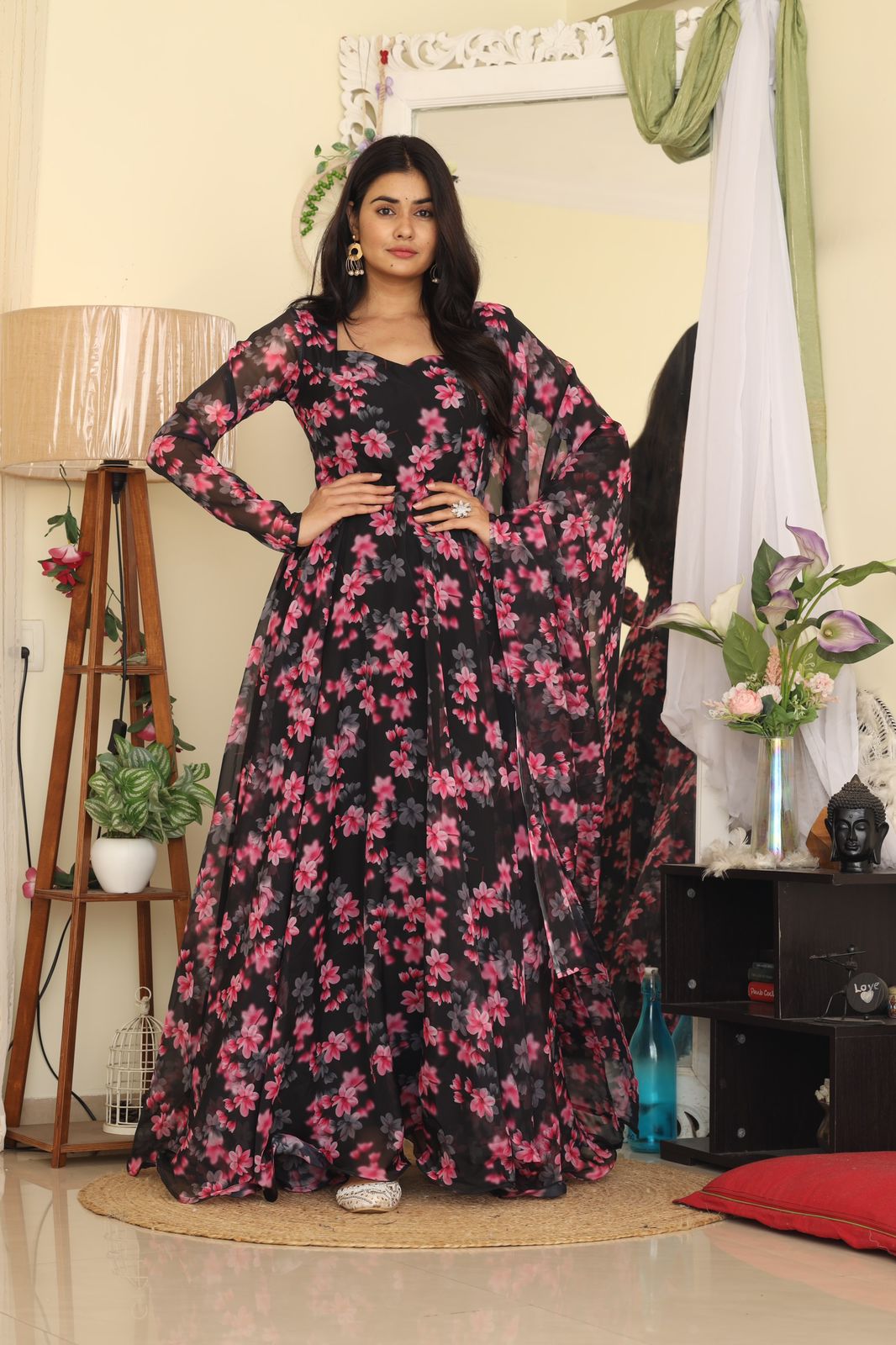 Stunning Black Color Digital Flower Printed Gown