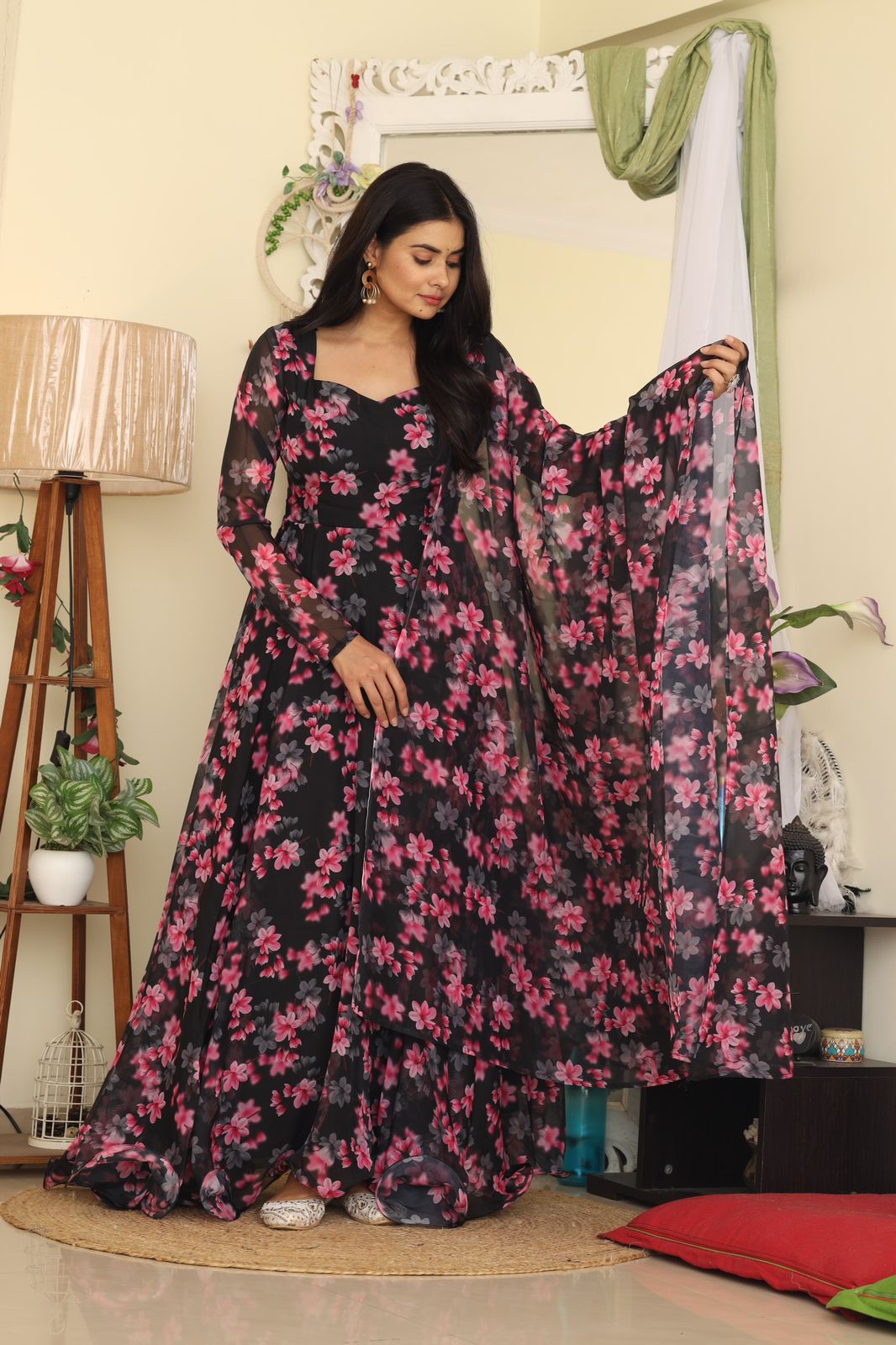 Stunning Black Color Digital Flower Printed Gown