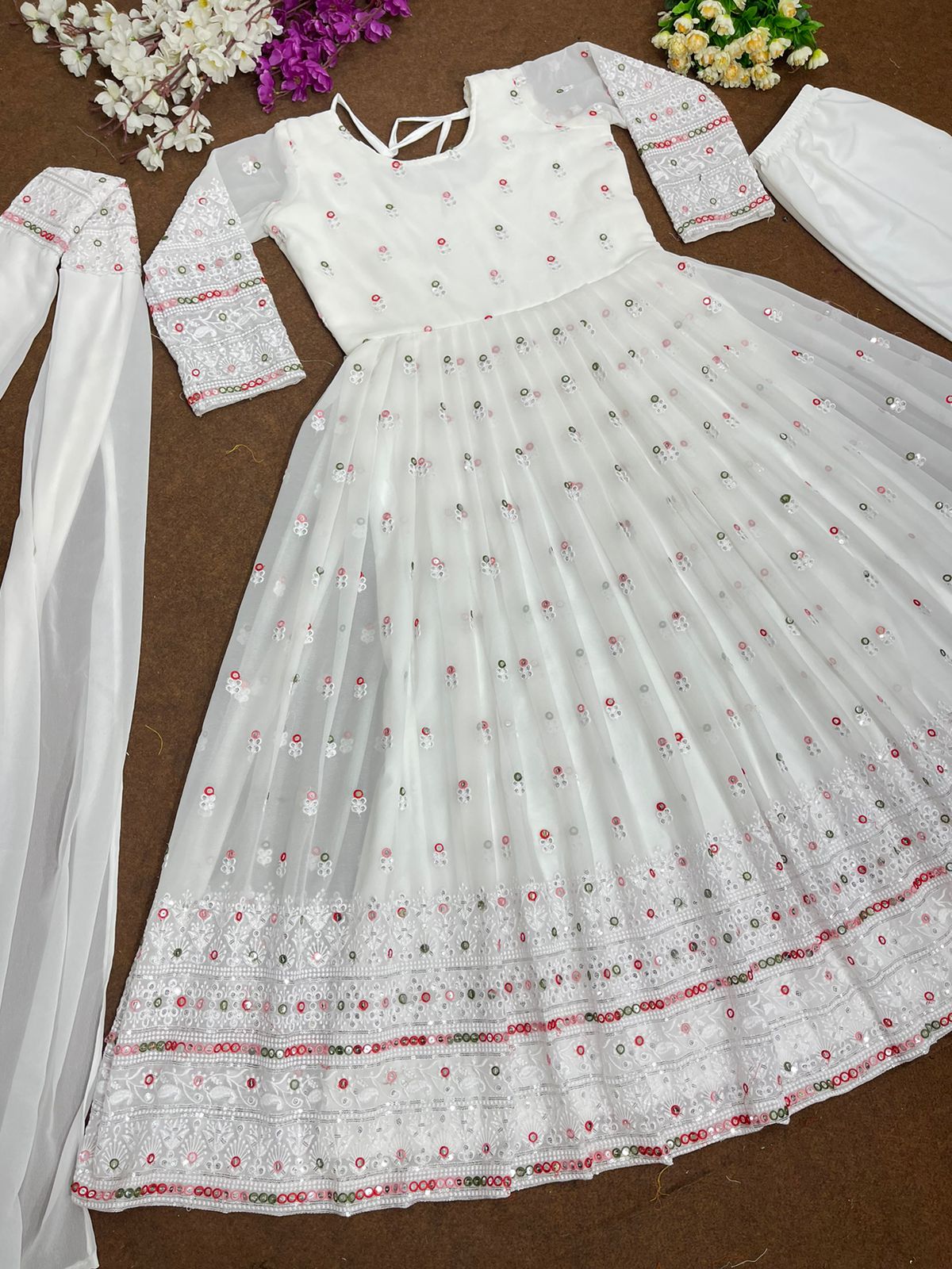 Superhit White Color Embroidery Sequence Work Gown