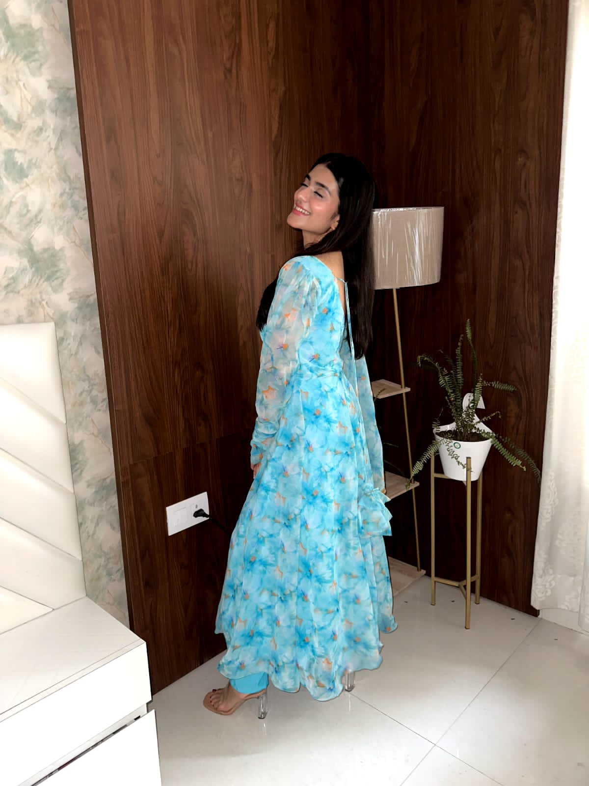 Festive Wear Sky Blue Color Printed Gown