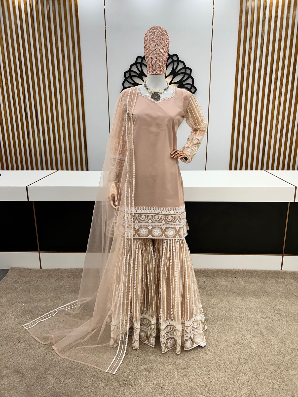 Captivating Beige Color Lakhnavi Cotton Sharara Suit