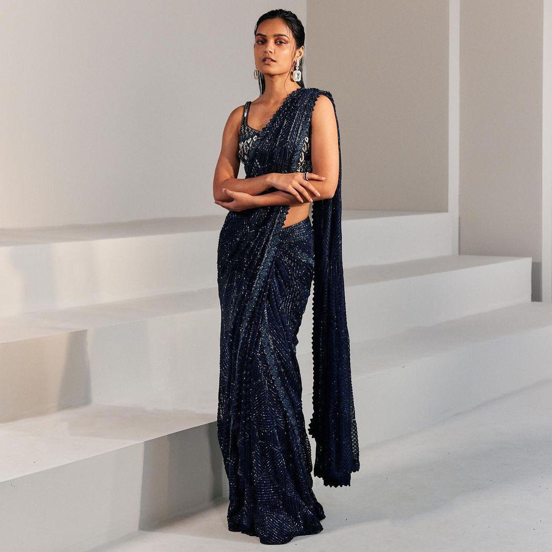Dazzling Navy Blue Color Sequence Work Saree