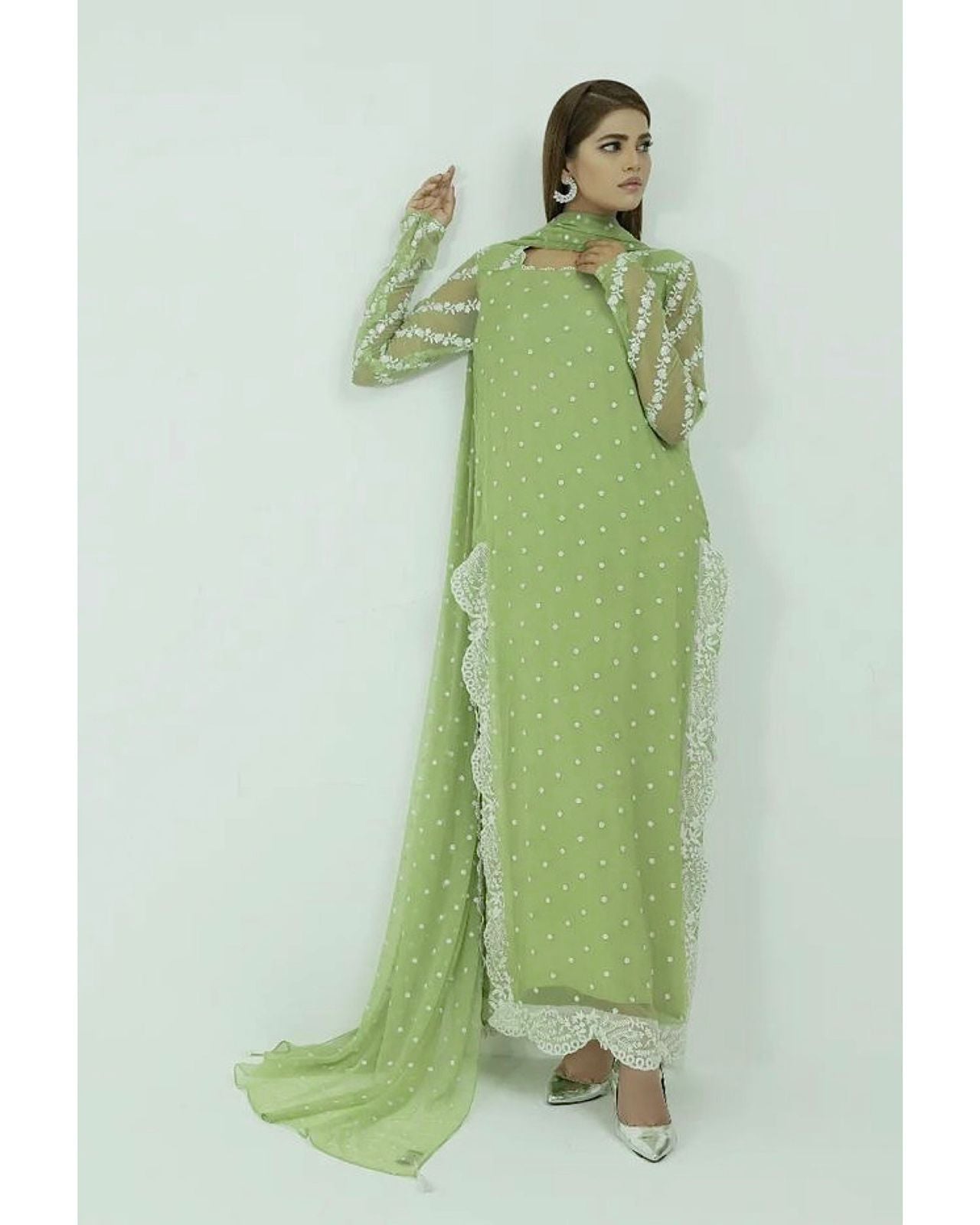 Pista Green Color Fancy Work Long Top With Pant