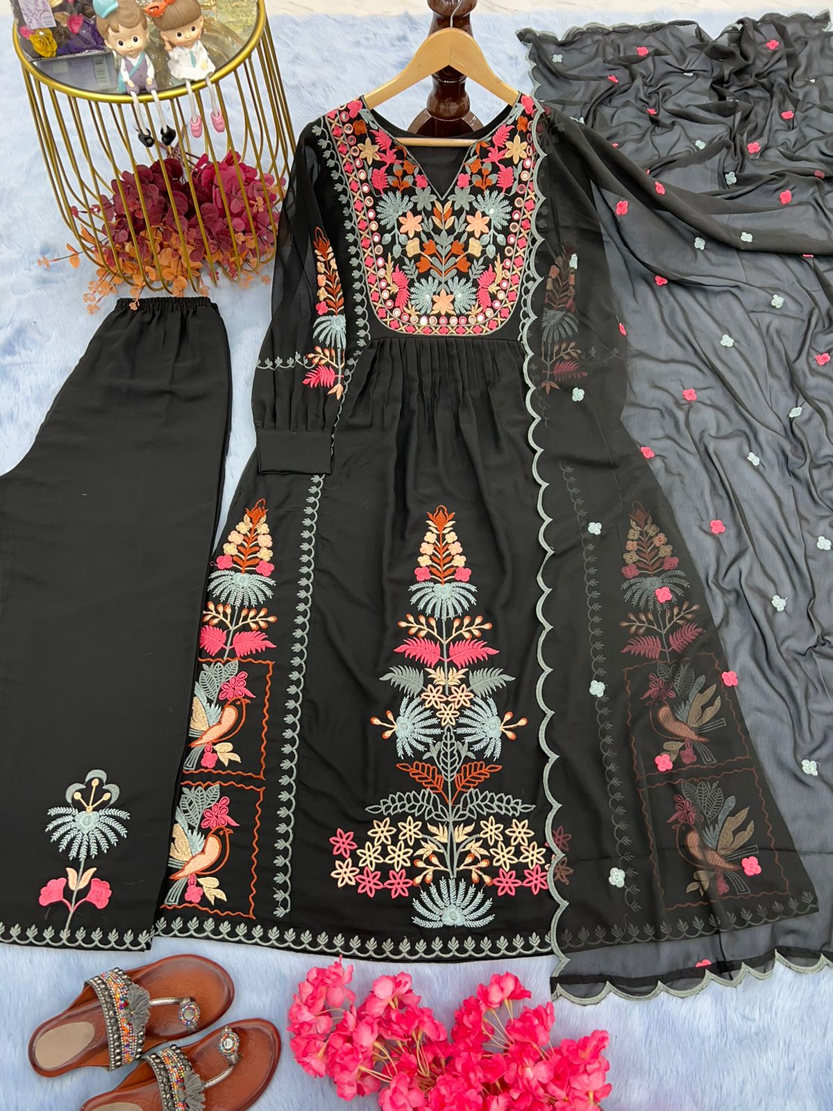 Stylish Black Color Embroidery Work Top With Palazzo Set