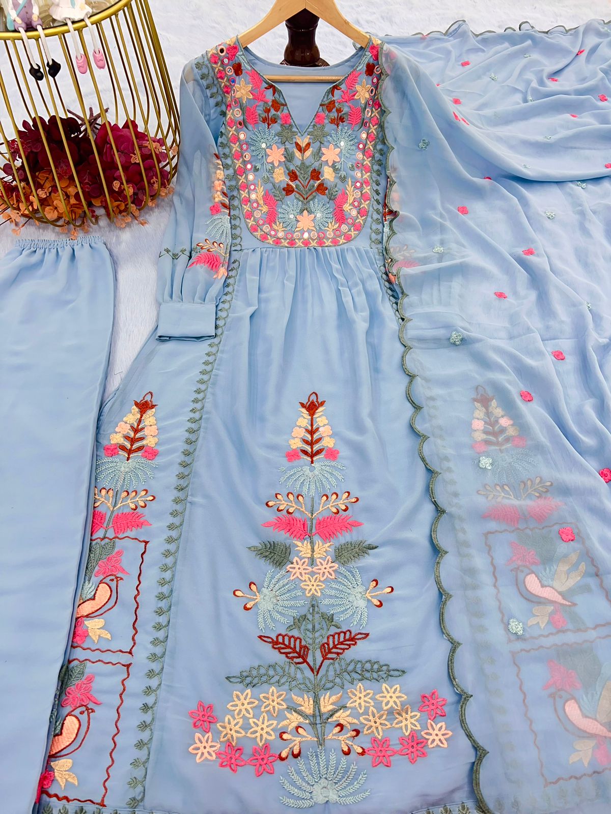 Summer Sky Blue Color Embroidery Work Top With Palazzo Set