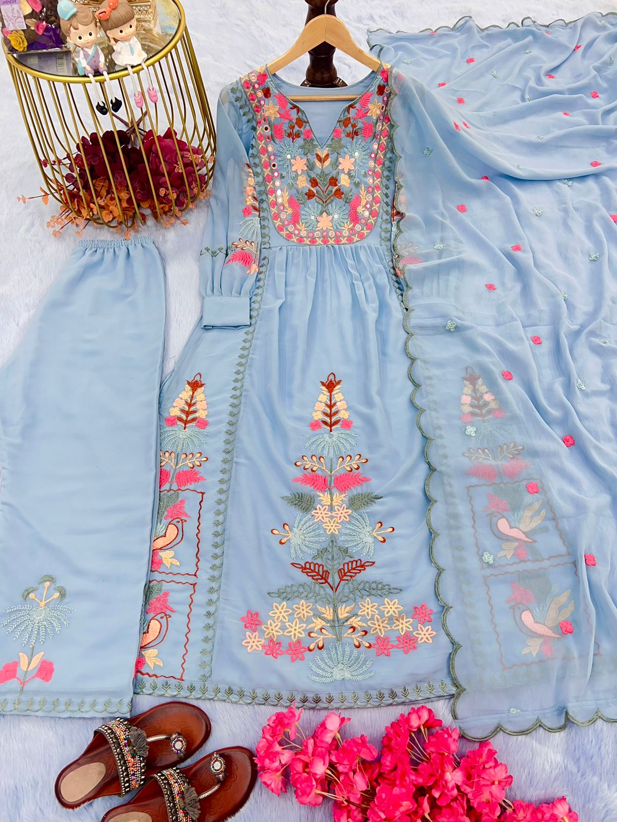 Summer Sky Blue Color Embroidery Work Top With Palazzo Set