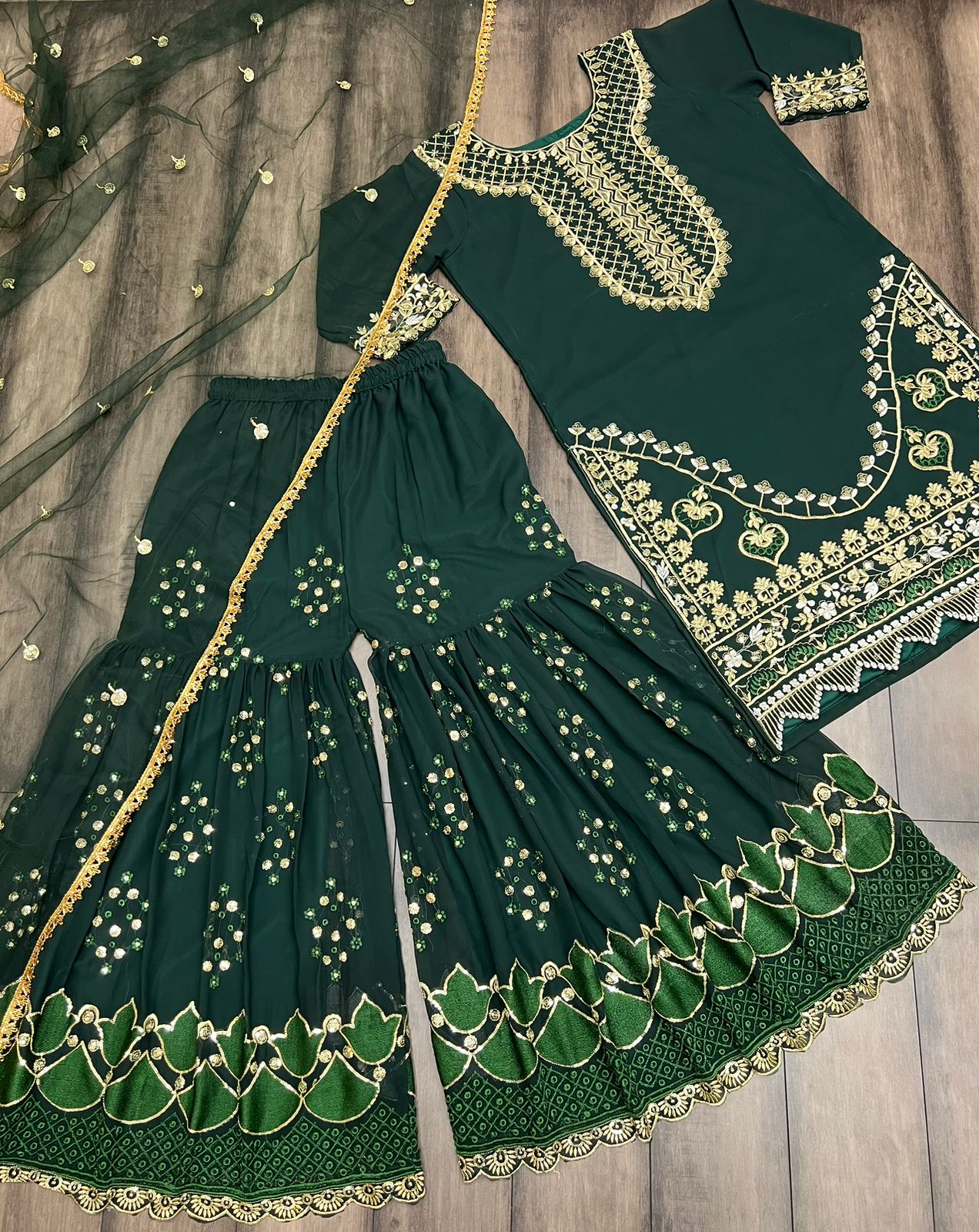 Stylish Dark Green Color Embroidery Work Sharara Suit