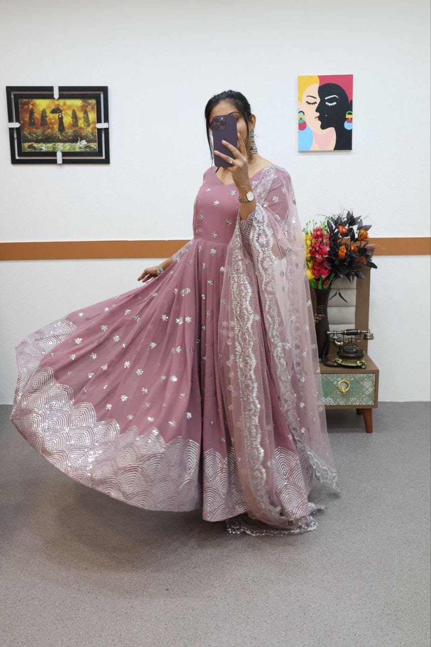 Ravishing Dusty Pink Color Embroidery Work Gown