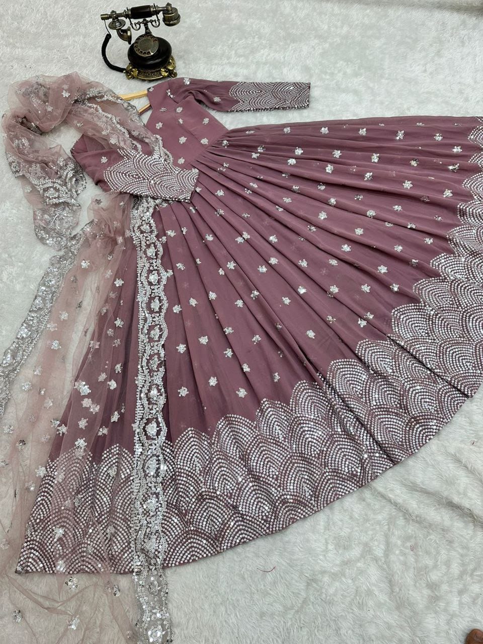 Ravishing Dusty Pink Color Embroidery Work Gown