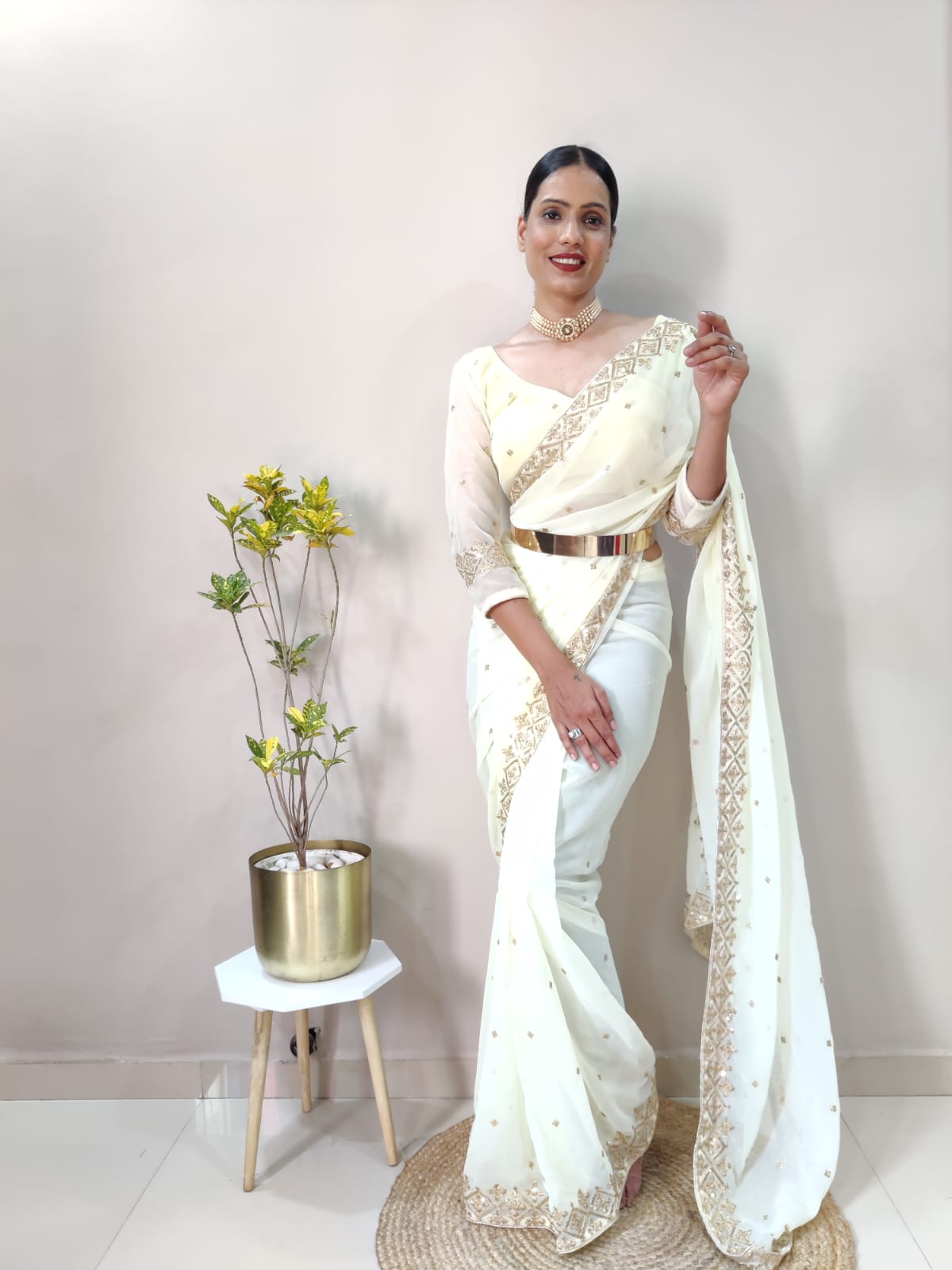 Stunning Ready To Wear White Color Saree