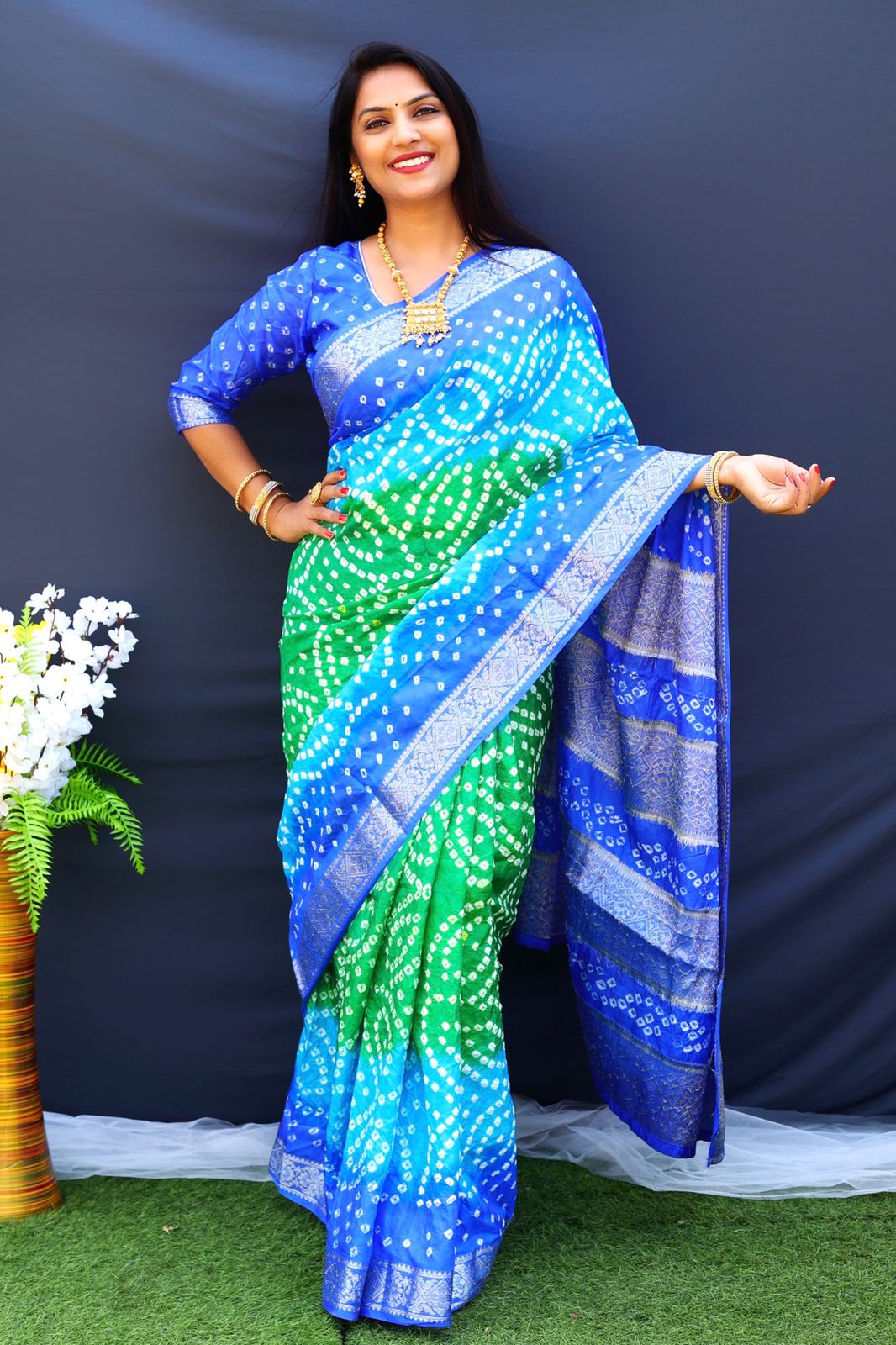 Beautiful Design Border Blue Color Bandhej Silk Saree
