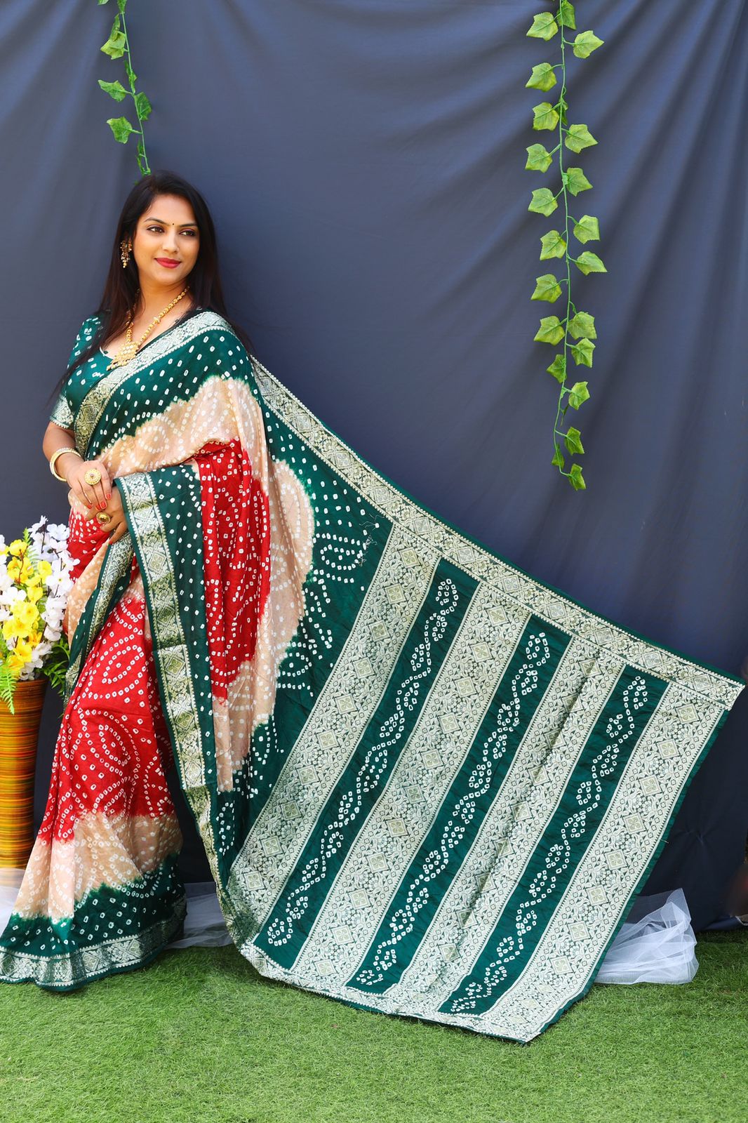 Beautiful Design Border Green And Red Color Bandhej Silk Saree