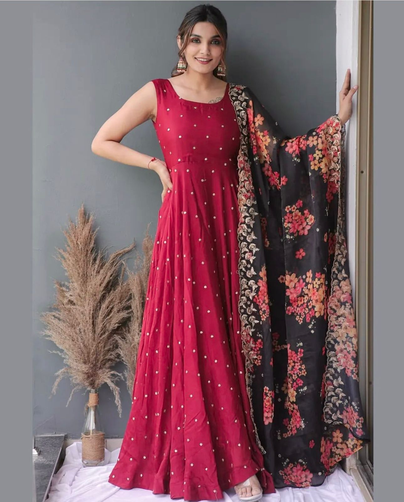 Flattering Red Color Sequence Work Long Gown