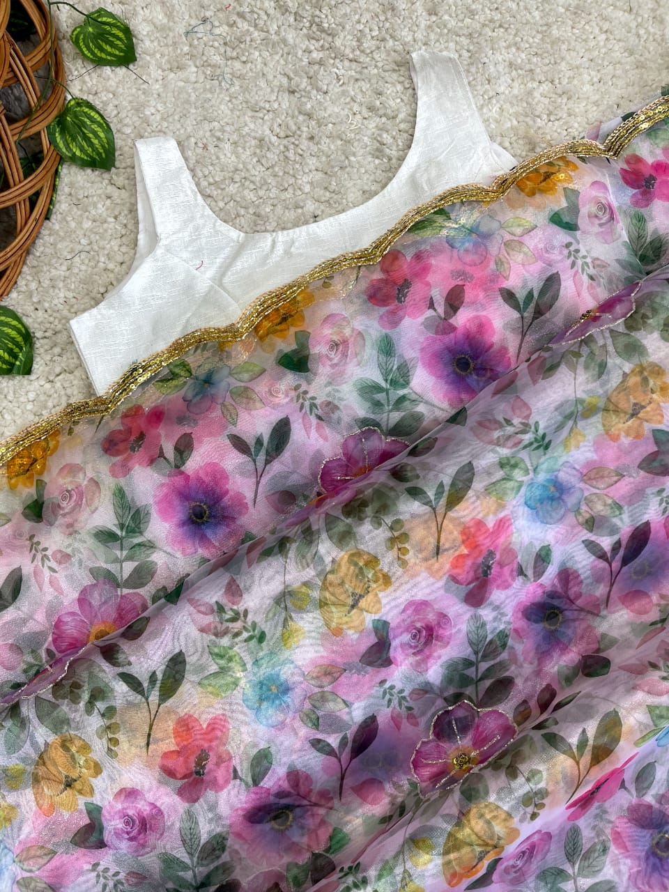 Multi Flower Print and Handwork White Saree