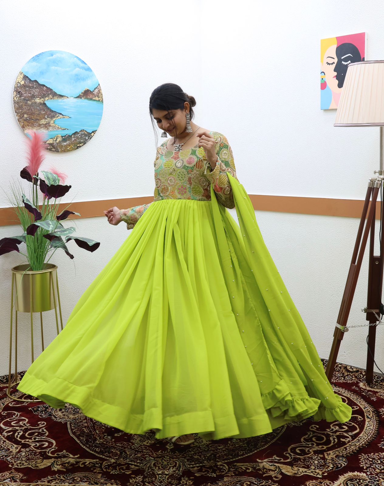 Parrot Green Color Beautiful Thread Work Gown