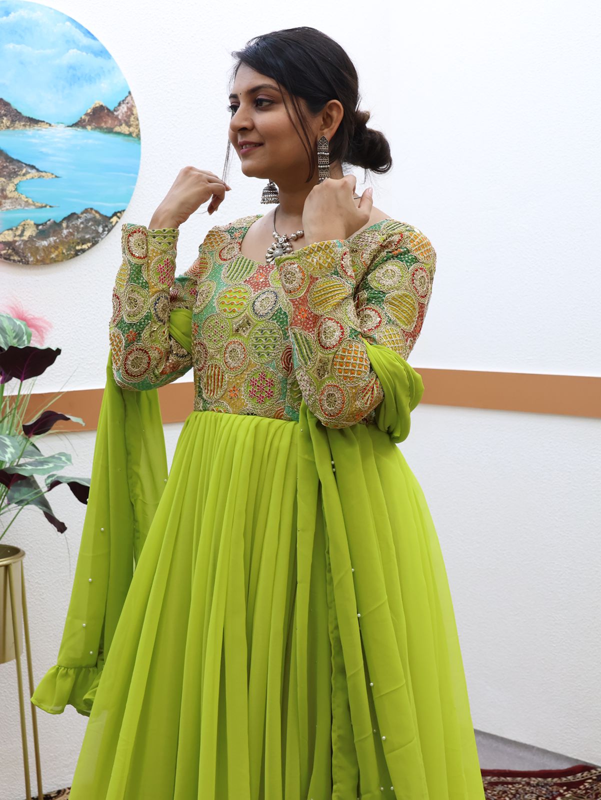 Parrot Green Color Beautiful Thread Work Gown