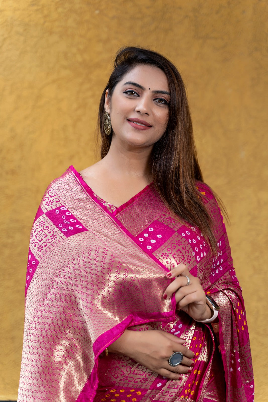 Pink Color Original Bandhni Zari Weaving Border Saree