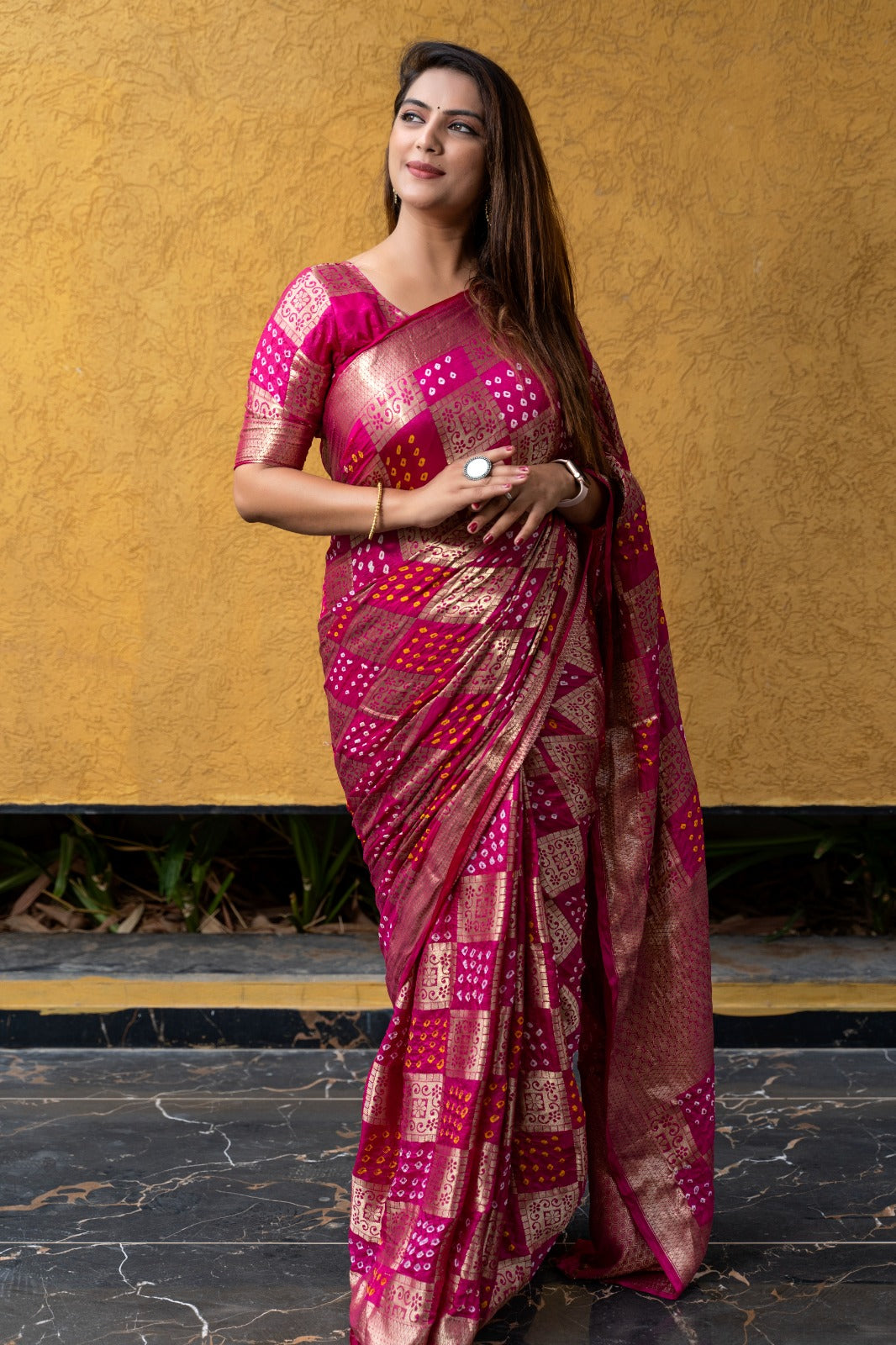 Pink Color Original Bandhni Zari Weaving Border Saree