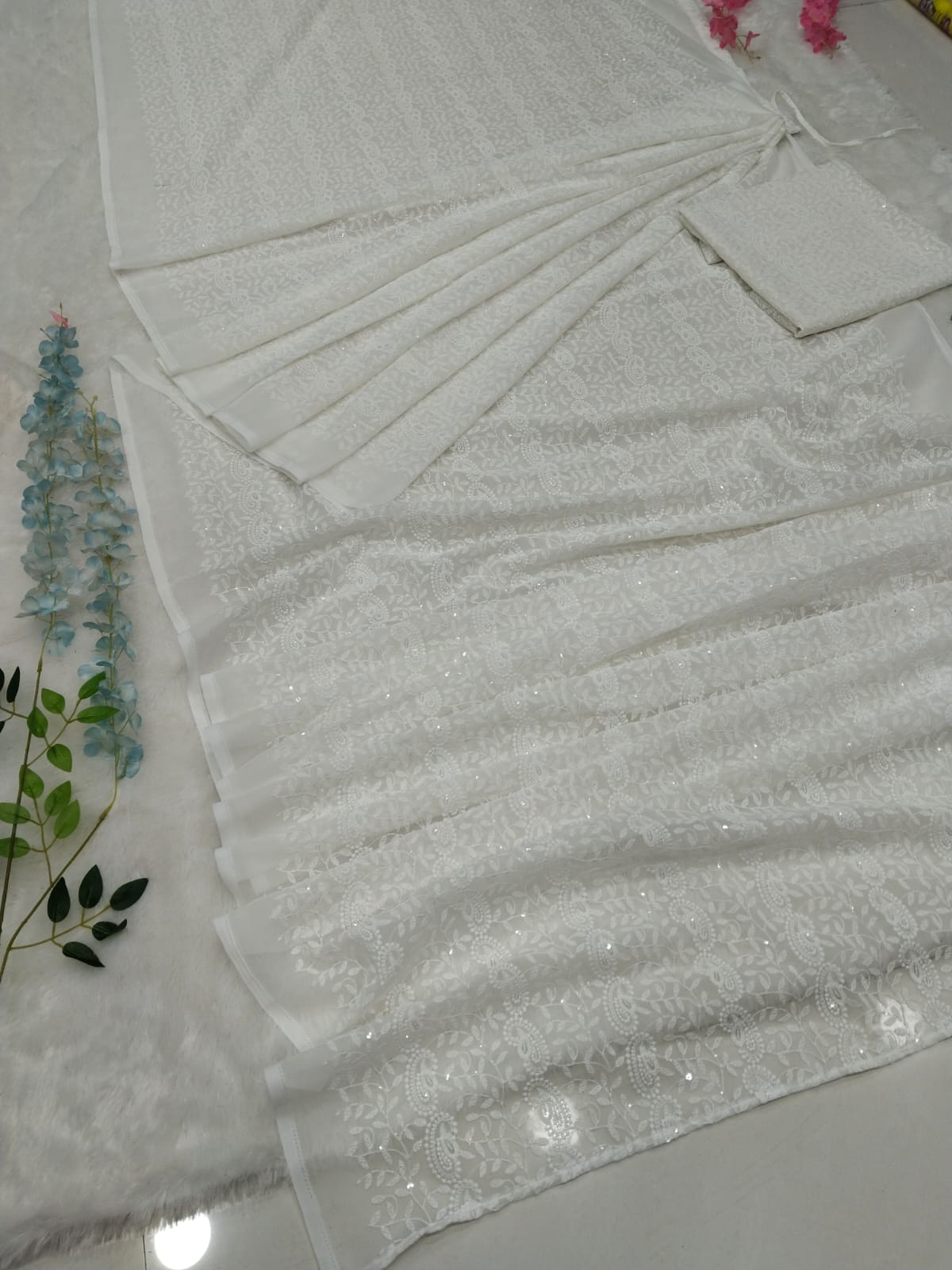 Chikankari Work White Color Ready To Wear Saree